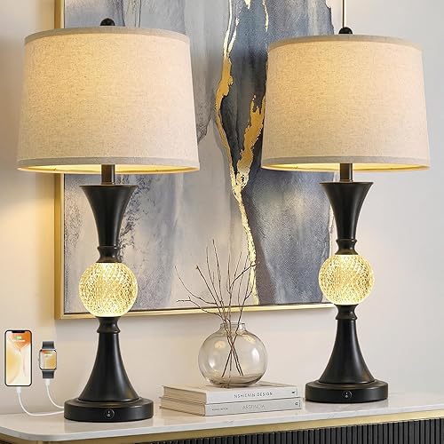 Oneach 28.5" Black Table Lamps Set of 2, Tall Luxury Bedside Lamps with Night Light, USB A+C Charging Ports, Elegant Metal Nightstand Lamps for Bedroom Office End Table Decoration