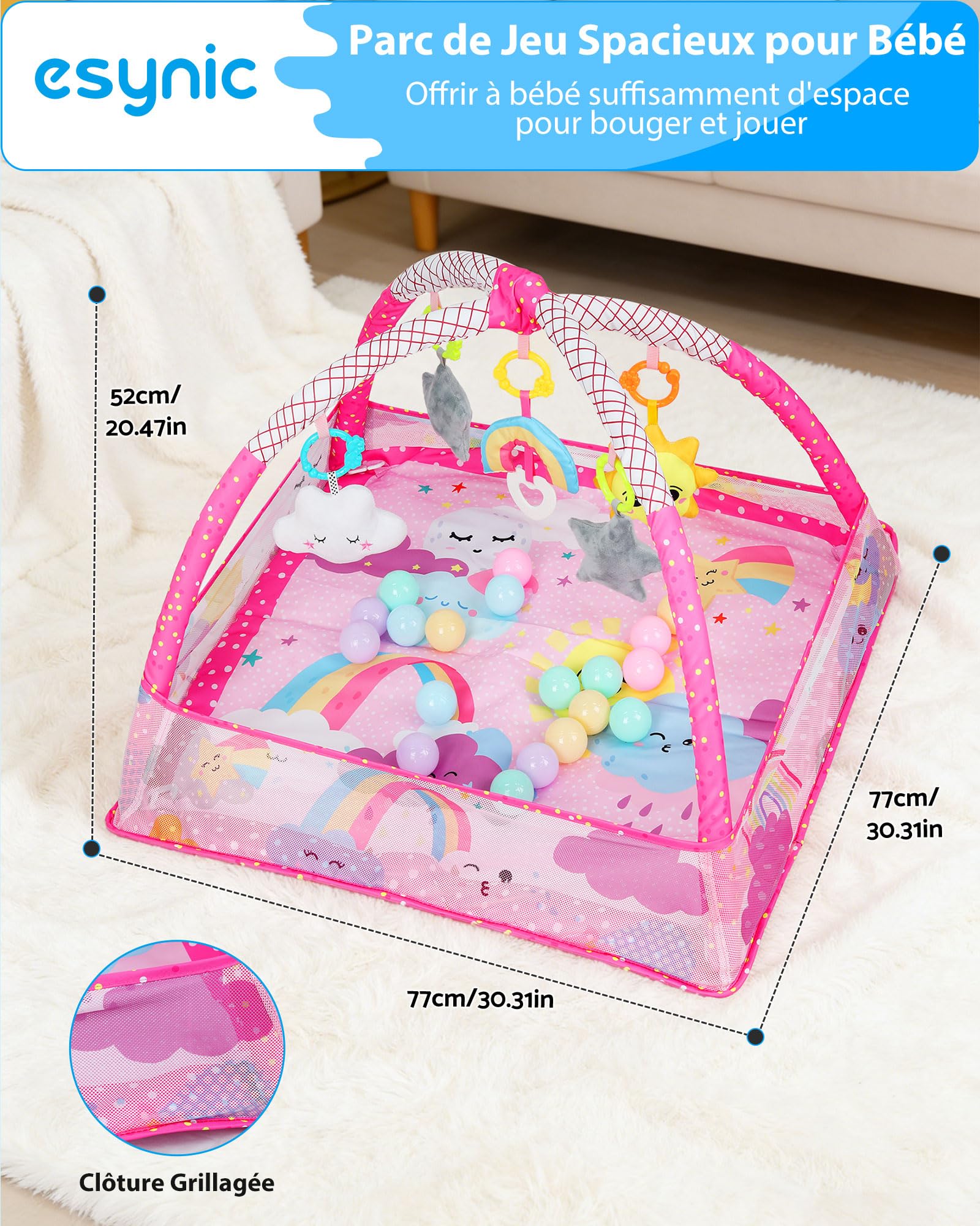 eSynic Tapis d'Éveil Bébé 77x77cm avec Arche Jouet Amovible Âgés 0-18 Mois | Clôture en Maille Respirante, Jouets Suspendus, Balles Océanique, Lavable Facile, Montage Rapide, Développement des Sens Bébé
