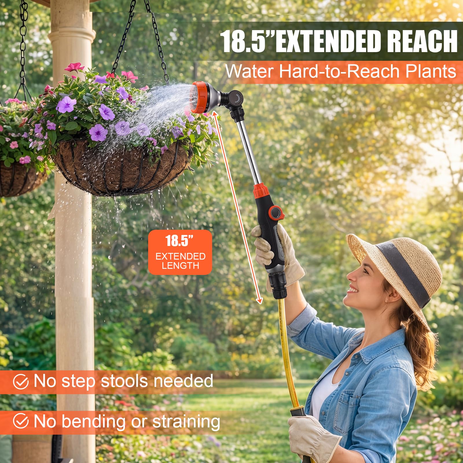 Hushee Lot de 2 baguettes d'arrosage en métal de 47,7 cm avec tête rotative à 180°, 8 modes de pulvérisation réglables et buse de contrôle du pouce – Parfait pour suspendre des paniers, des arbustes