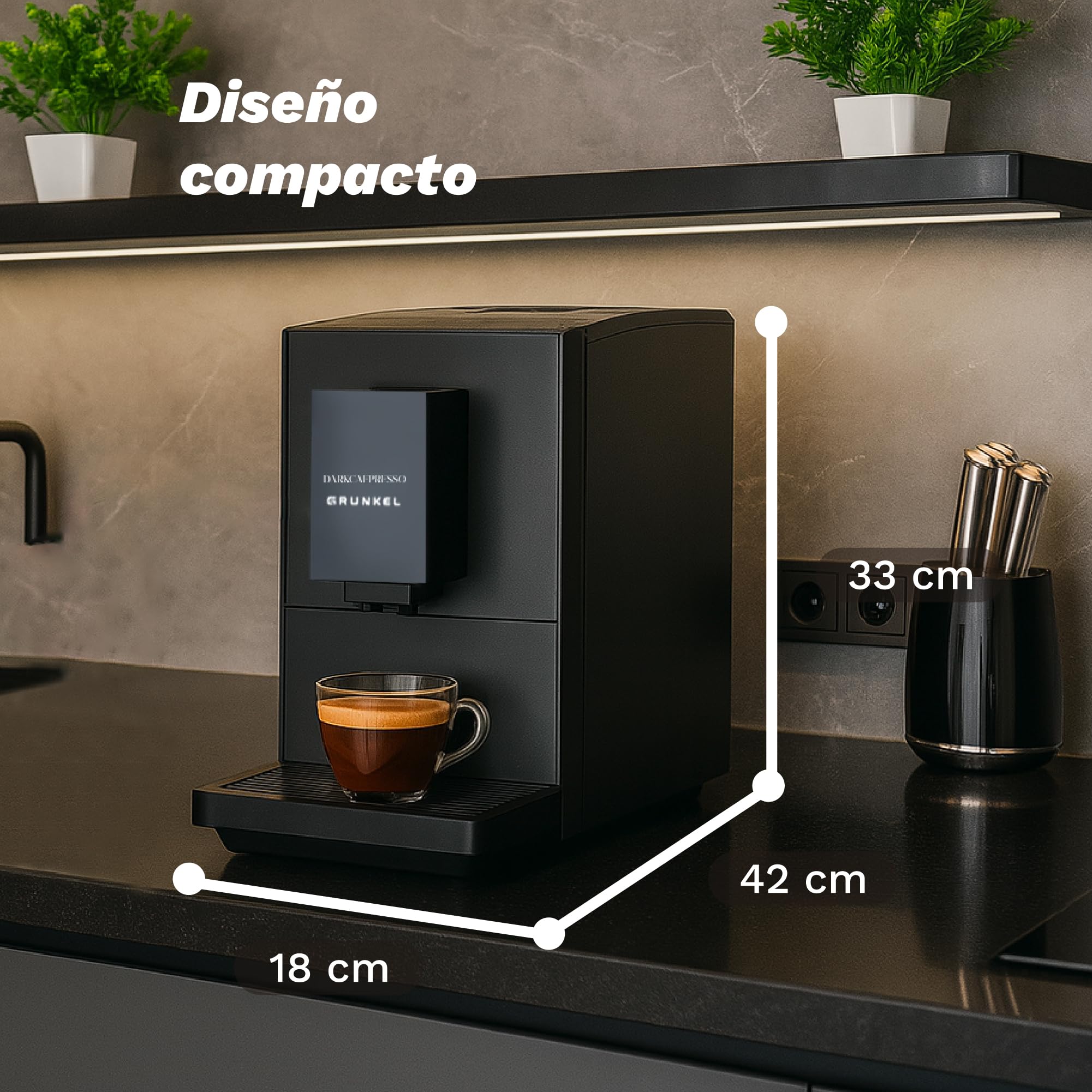 Grunkel DARKCAFPRESSO, Cafetera Súper Automática, 20 Bares, 1,2L, Molinillo Desmontable, Pantalla Táctil