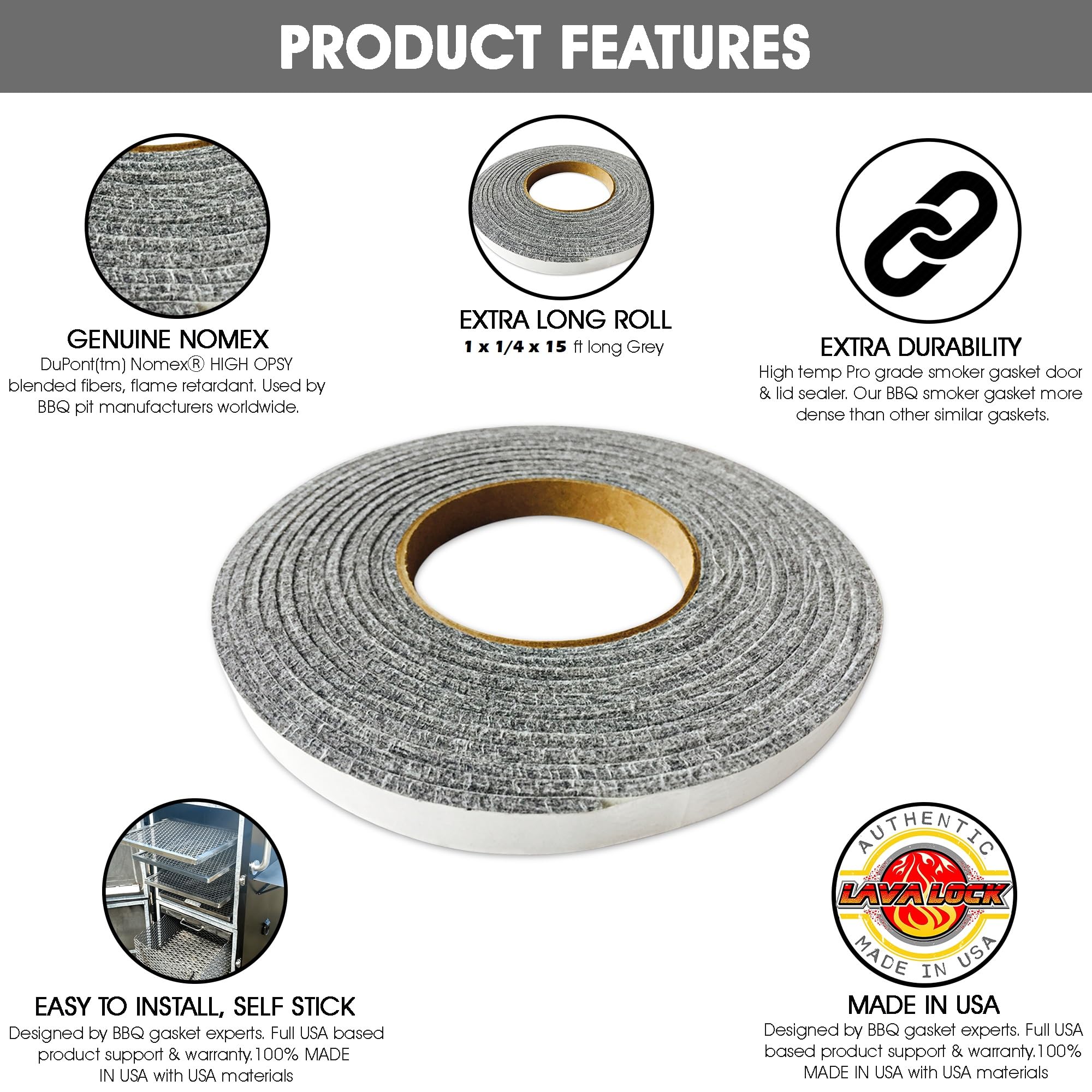 Grey Lavalock Gasket High Temp BBQ Smoker Grill Self Stick 1