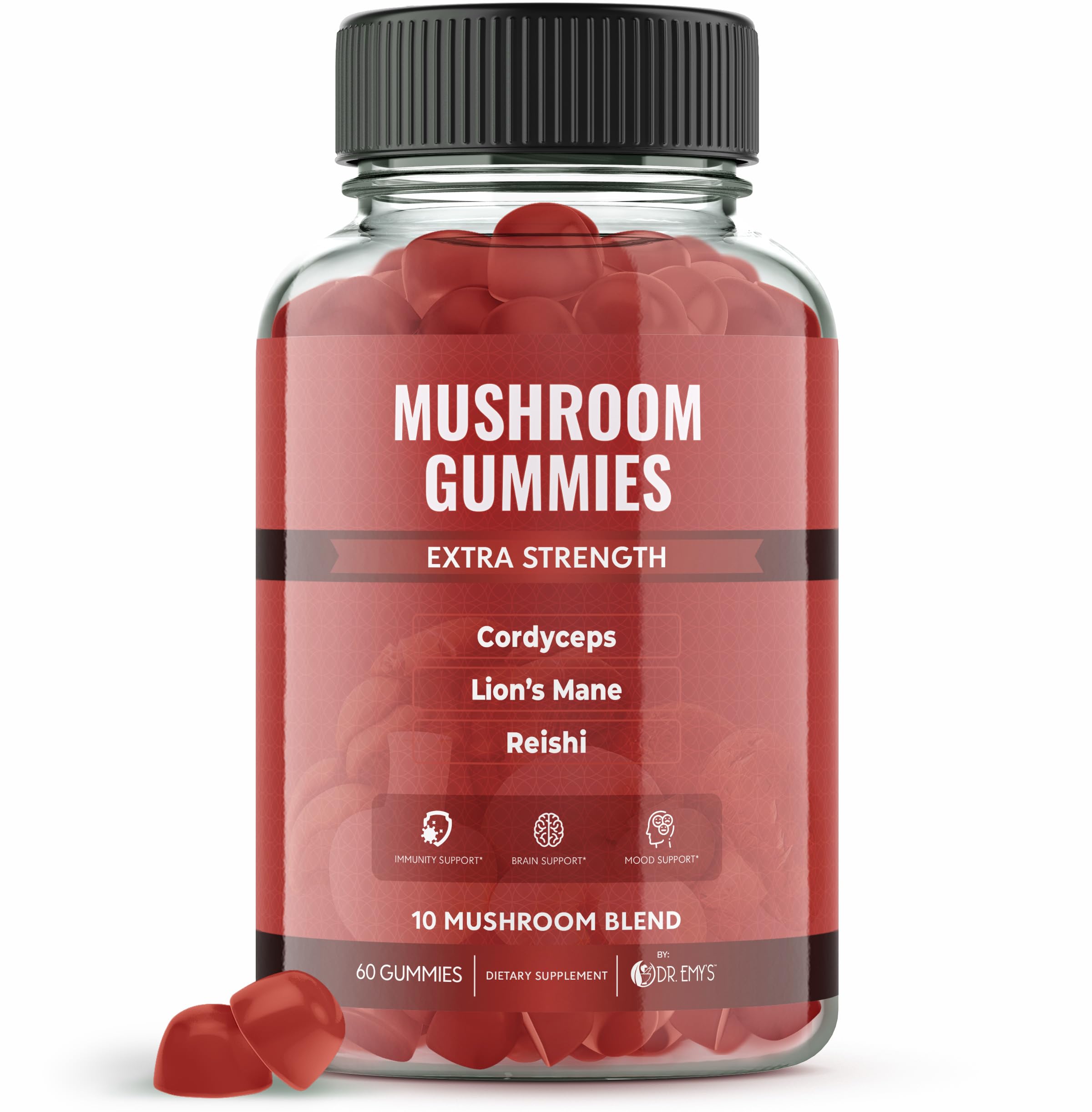 Mushroom 10-Plex 2,500mg*** Gummies – Lions Mane & 9 More Mushroom 10:1 Extracts – Fruiting Body – Natural Raspberry Flavor – Non-GMO – Gluten-Free – Vegan(1)