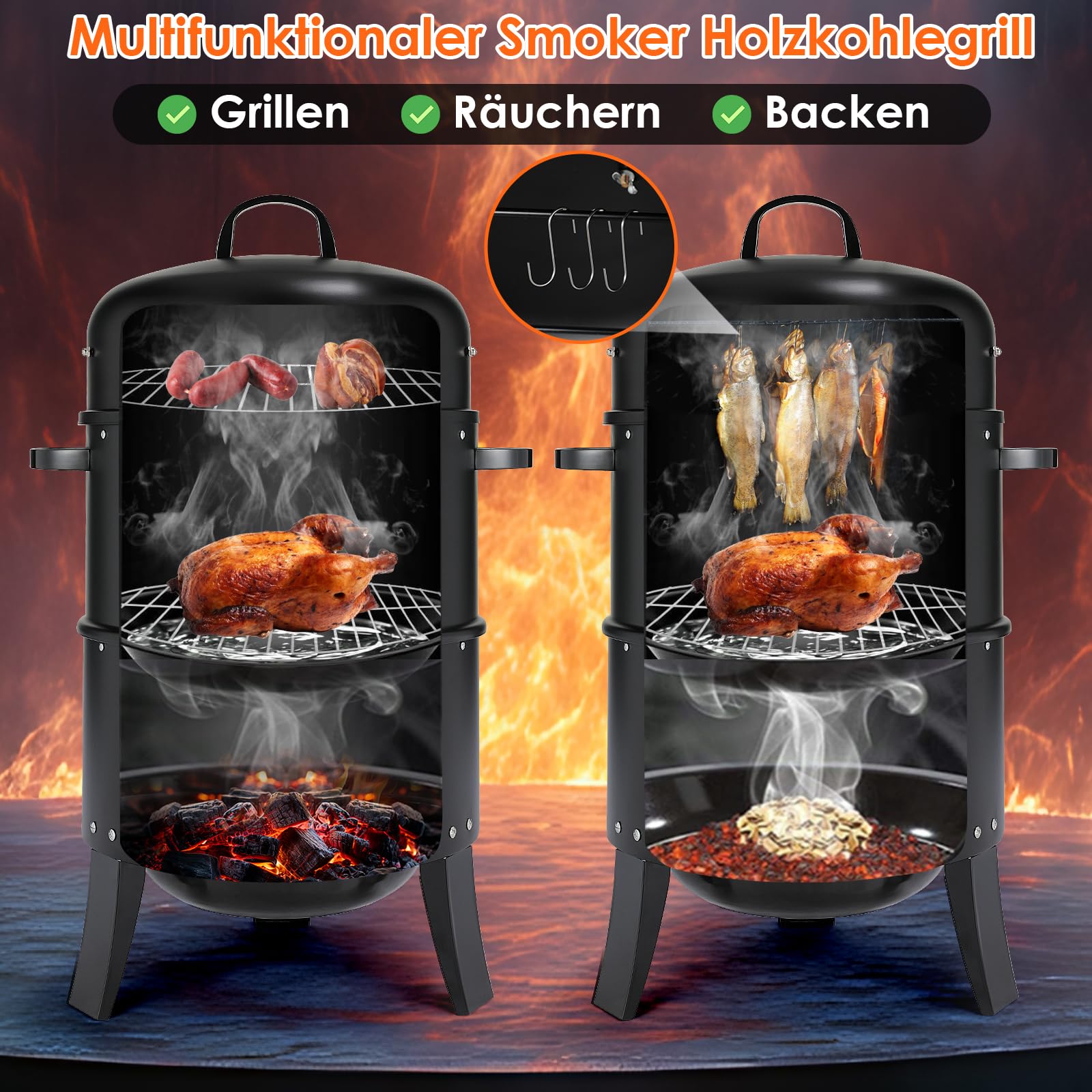 TLGREEN 3 w 1 Wędzarnia, Grill z Pokrywką, Termometr, 2 Ruszty ze Stali Nierdzewnej, 2 Emaliowane Tacki na Wodę, Beczka Wędzarnicza z Uchwytem, BBQ Smoker, Grill Węglowy, do Wędzenia i Grillowania