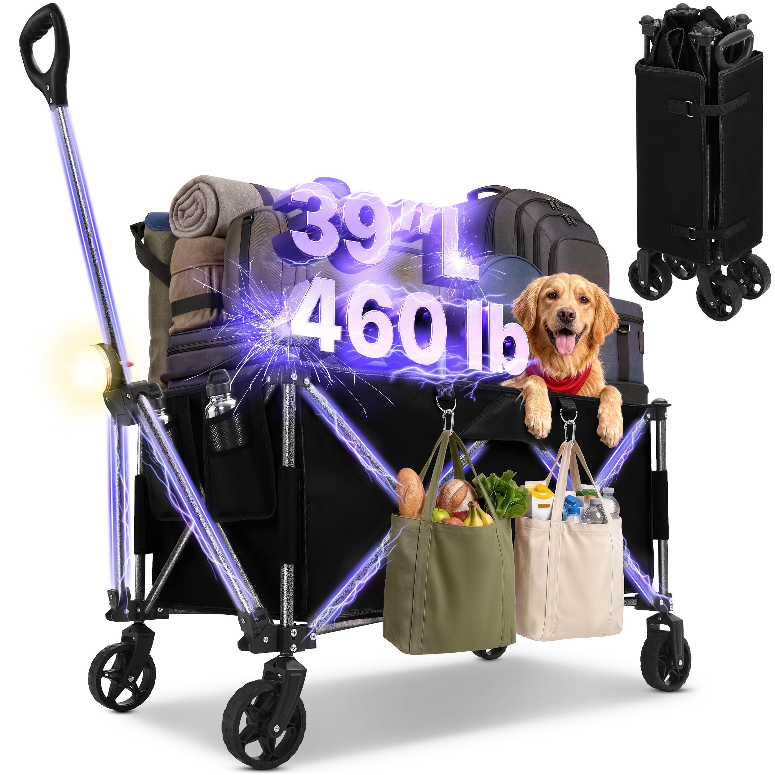 39" L Collapsible Wagon with All-Terrain Wheels, 460 lbs Foldable Cart with Detachable Flashlight, Pockets & Flexible Steering Handle, Red Utility Heavy Duty Folding Beach Wagons Carts — Amazon image 9