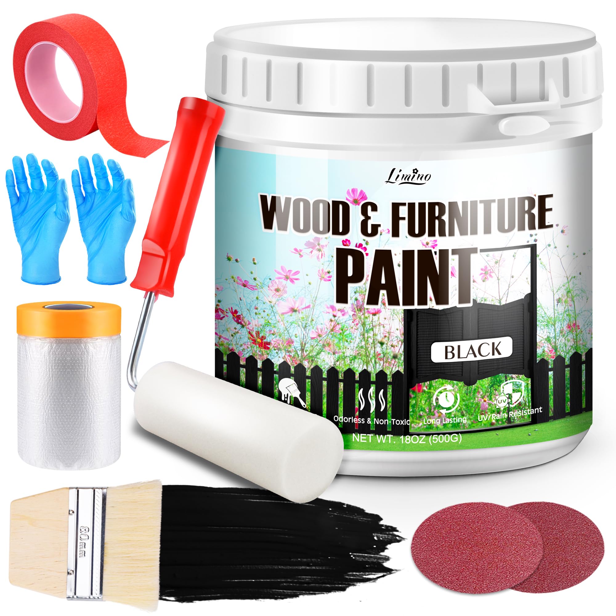 Wood Furniture Paint - 500g Black Wood Paint for Furniture, Cabinet, Door, Dining Table and Chairs, Water-Based Matte Finish, Non-Toxic＆Low Odor, Fast Drying, Interior/Exterior Maintain with Tools