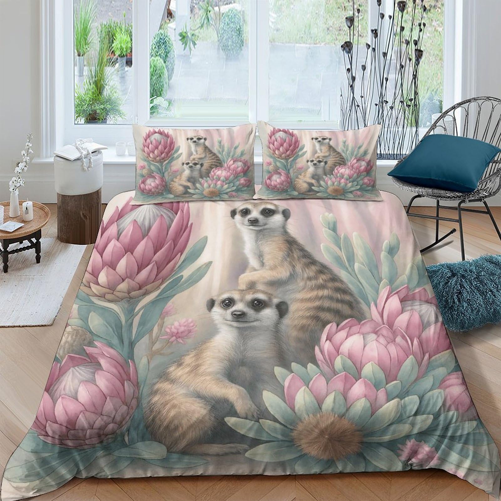 GPLZQXKJNH 3D Printed Meerkat Floral Duvet Cover Microfiber Soft Breathable Protea Bedding Set with 2 Pillowcases for Bedroom Decor Single（135x200cm）