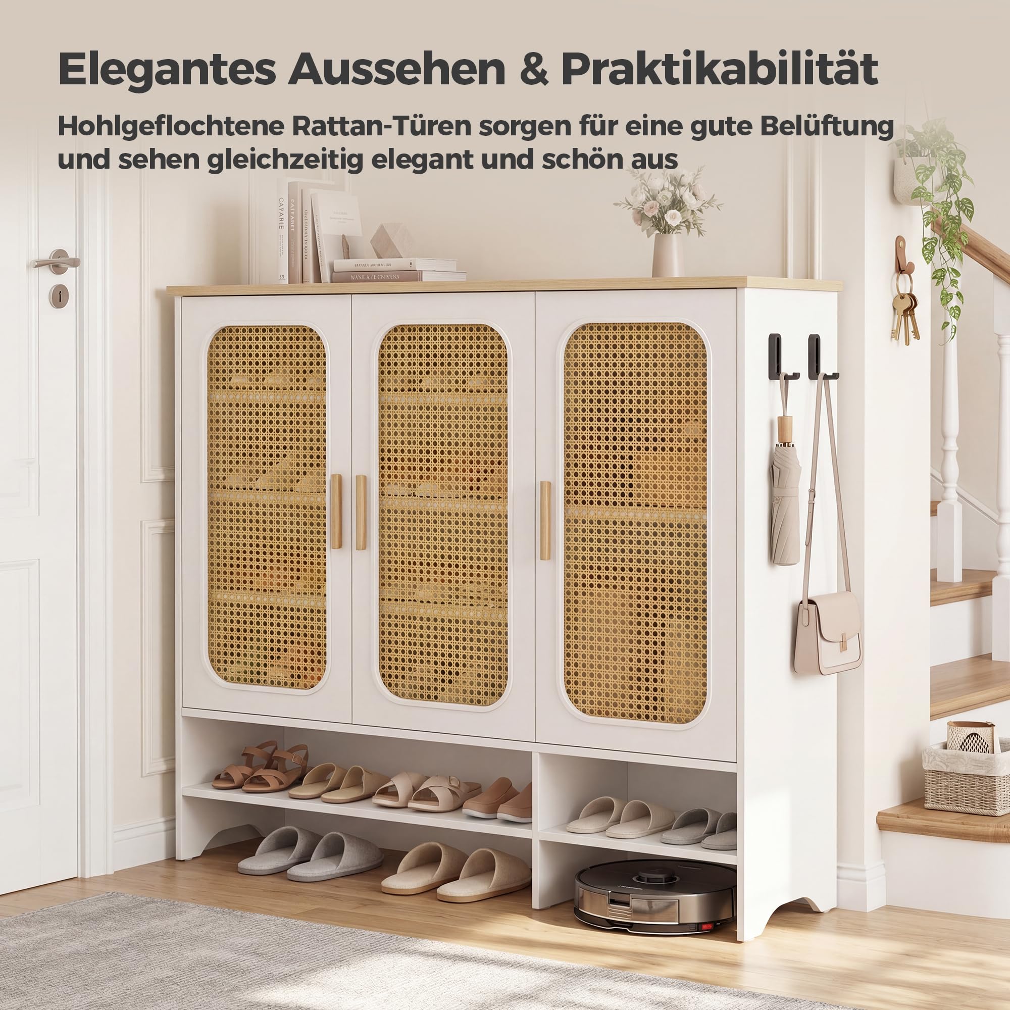 BonVache Weißer Schuhschrank mit Rattan, für Männer Größe Schuhe, Schuhschrank für Wohnzimmer und Foyer, 35.5×115×98.3 cm