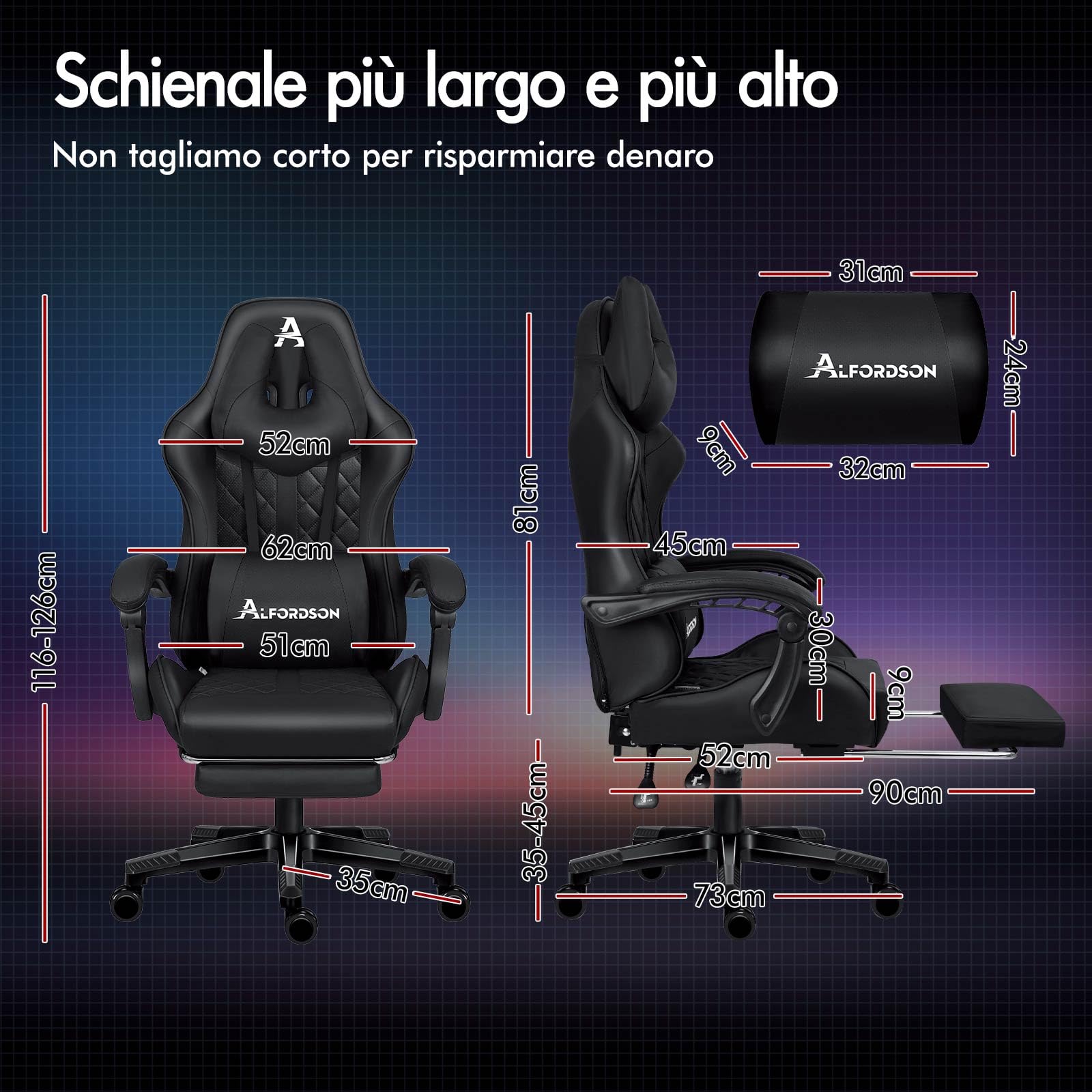 ALFORDSON Sedia Gaming Ergonomica Reclinabile con Cuscino Lombare e Cervicale,Sedia Gamer con Massaggio e Poggiapiedi Retrattile,Altezza Regolabile,Poltrona Ufficio Reclinabile 150°, Similpelle(Nera)