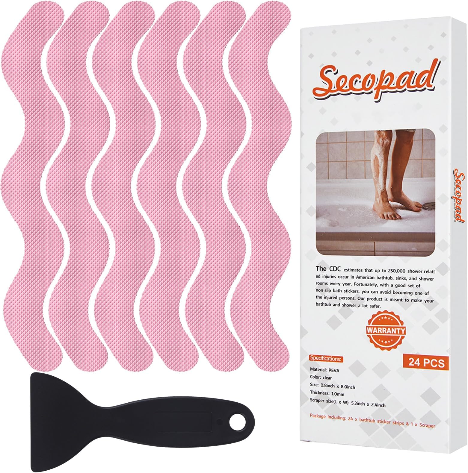 Secopad Anti Slip Shower Stickers, Adhesive Decals Safety Strips with Scraper for Bath Tub, Shower Floor, Stairs, 24 Pieces (Pink)