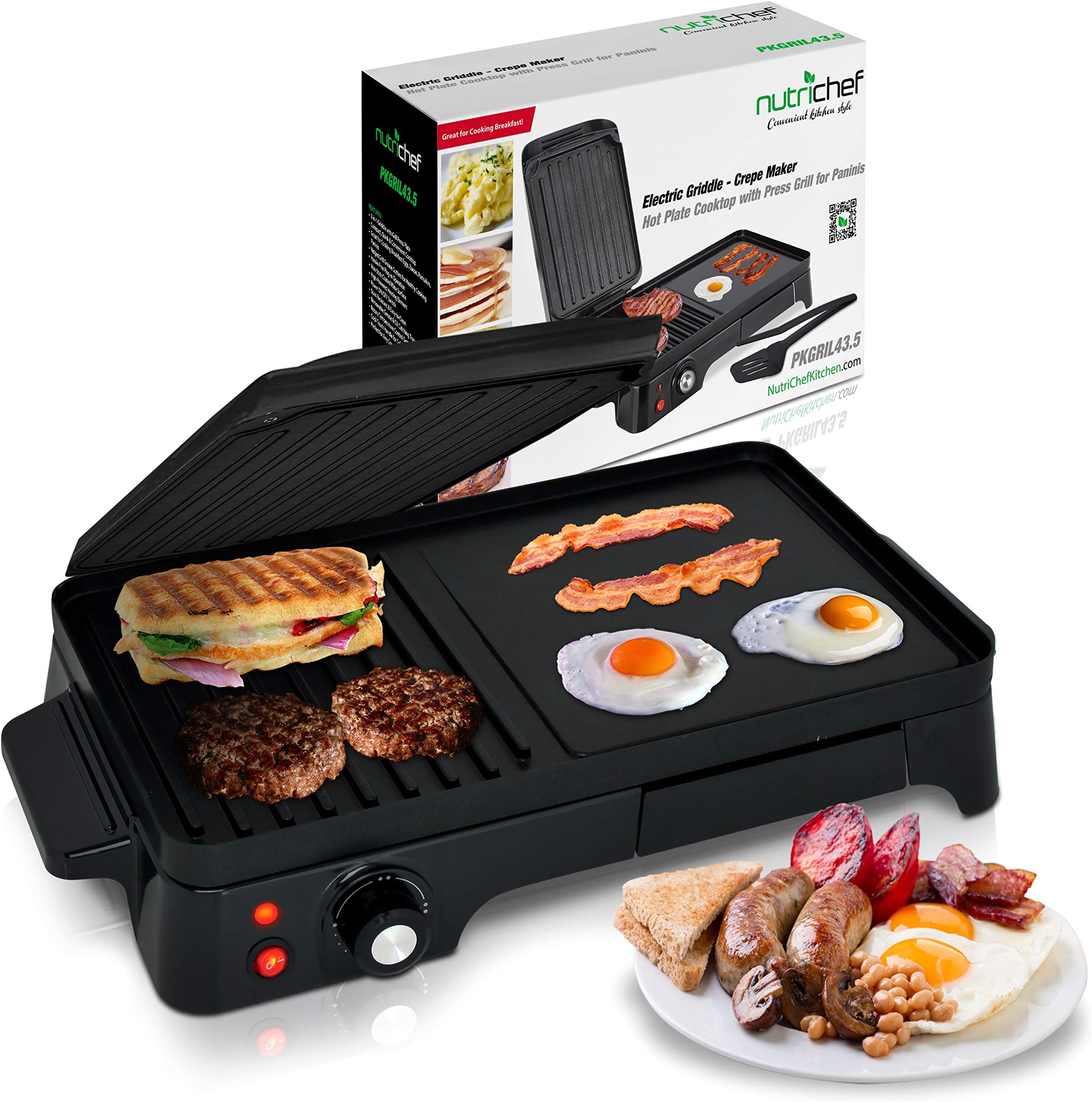 2-in-1 Panini Press Grill & Griddle | Nonstick Coating, Temperature Control | Multiuse Countertop Sandwich Maker | Removable Drip Tray | 1500W | Compact Electric Griddle | 20.3 x 12.5 x 5.3