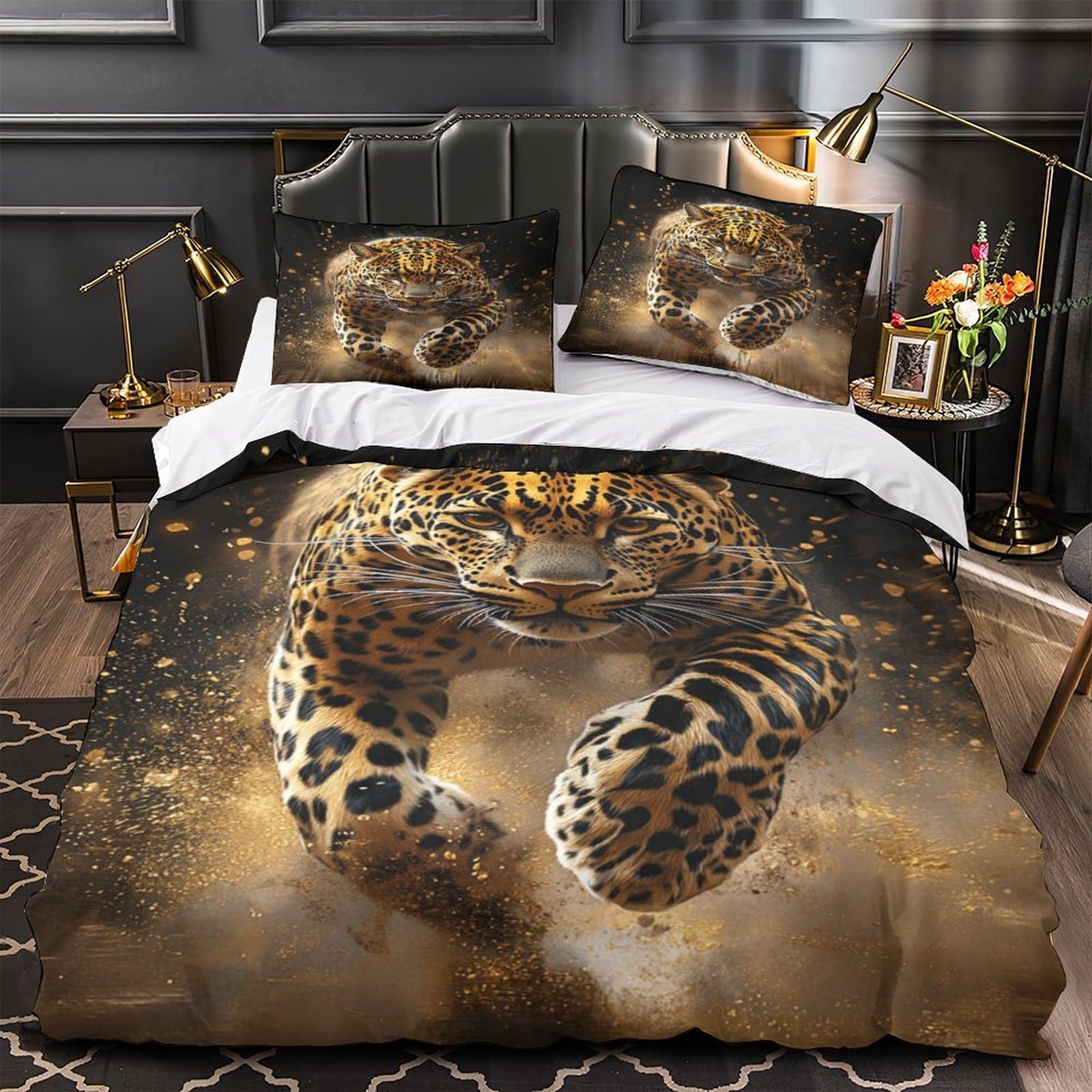 Housse de couette léopard 3D en microfibre 135x200 cm avec sa parure