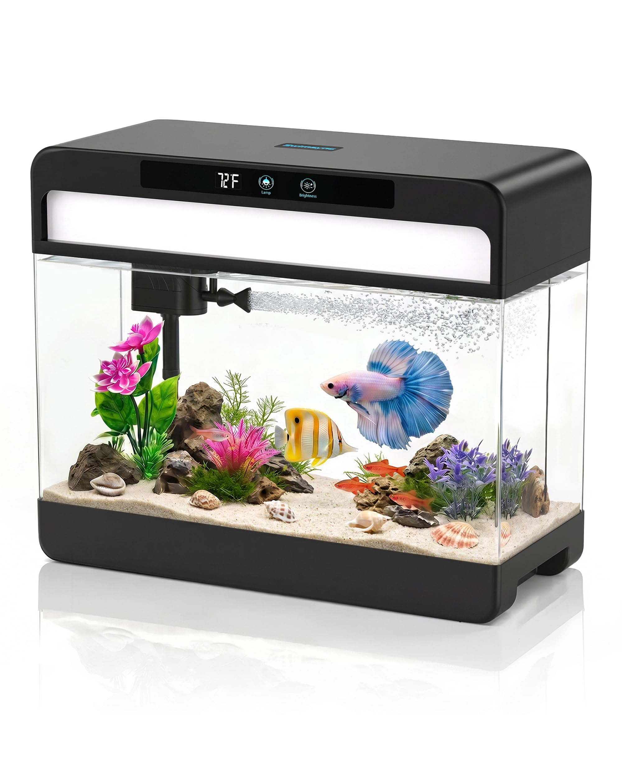 3 Gallon Fish Tank Starter Kit, Small Aquarium for Betta, Black | 3-in-1 Silent Water Filter with Filtration Circulation Oxygenation Temperature Display 7 Colors LED Lights, Artificial Plant