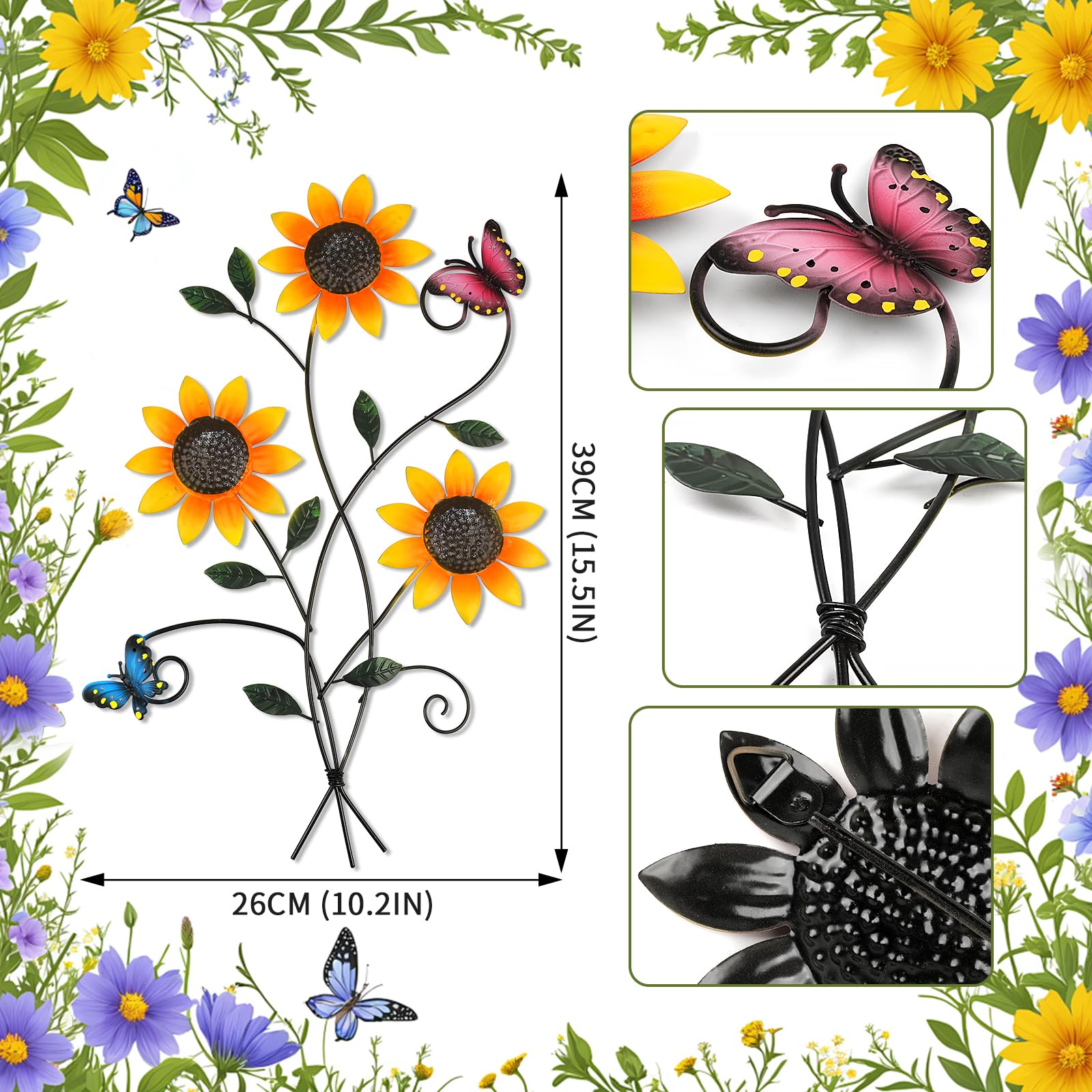 DETENE Decorazione Artistica da Parete in Metallo Girasole Scultura Parete Floreale con Farfalle Decorazione da Parete in Metallo per Soggiorno Bagno Balcone Decorazione da Giardino