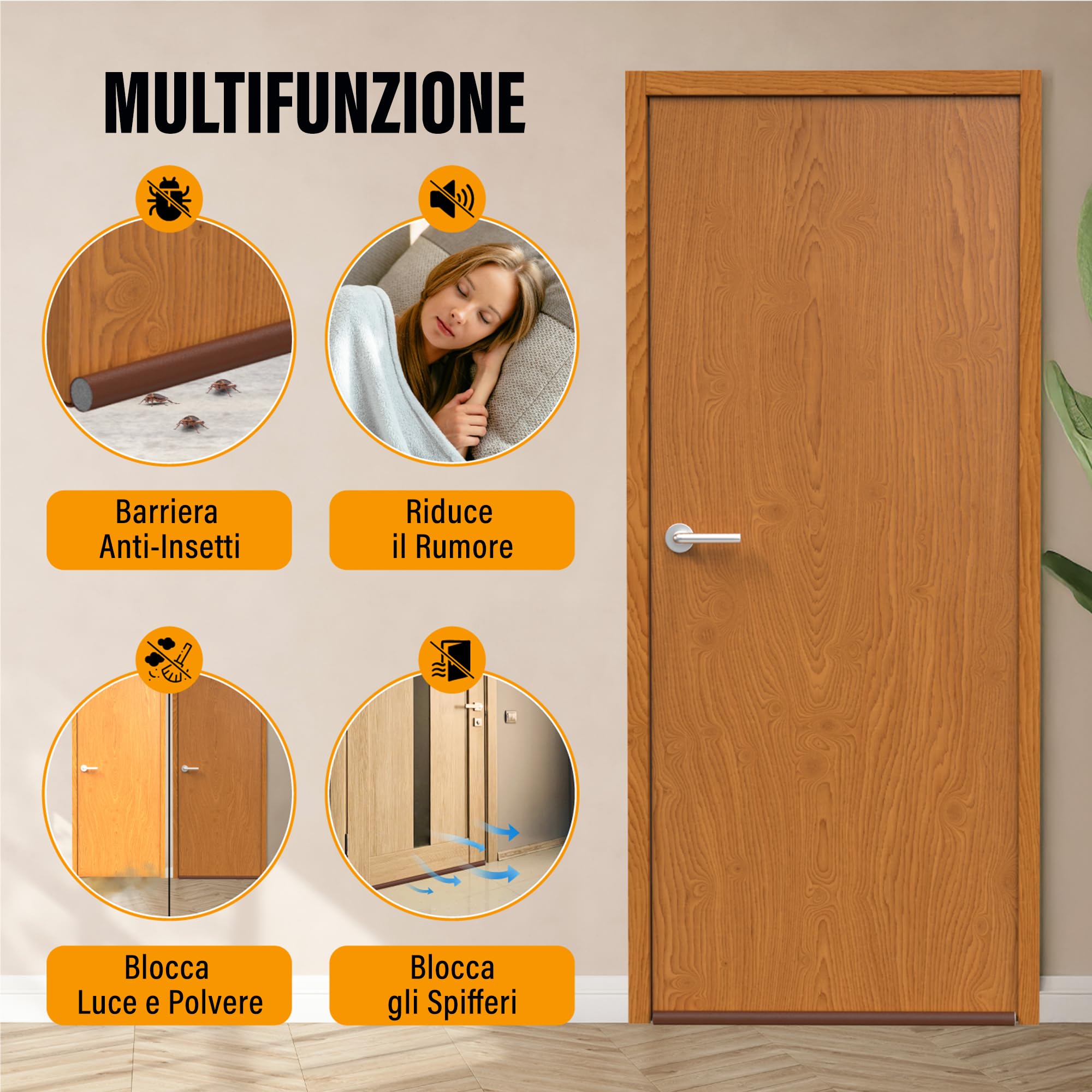 Paraspifferi Sottoporta - Compatibile SOLO con Porte Fino a 5 cm di Spessore (Interne e d’Ingresso) – Isolante Termico, Guarnizione Porta, Antispifferi e Para Spifferi – Marrone, 93 cm