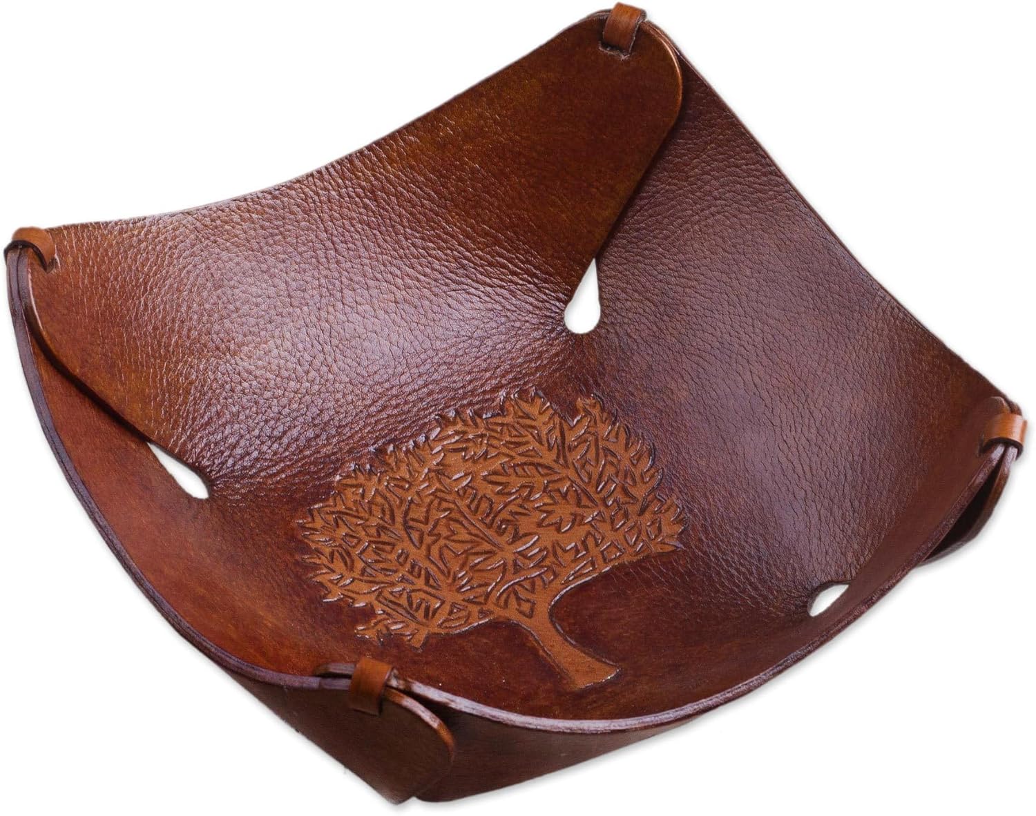 NOVICA Leaf and Tree Leather Tray, Brown, 'Tree of Life'