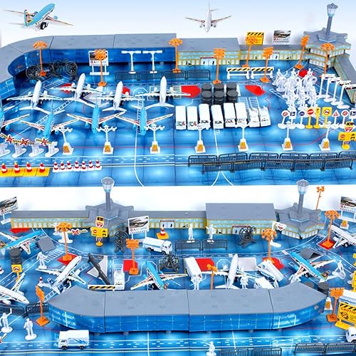 Aeropuerto Internacional Montado Juguete 8 Aviones y 8 Vehículos 200 Piezas Modelo Aeronave Playset Simulado Escena