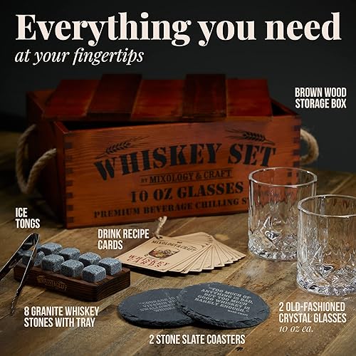 Miniatura 3 de Mixology & Craft Juego de regalo de piedras de whisky para hombre, 2 vasos, 8 rocas escalofriantes y caja de madera, juegos de regalo de vidrio de