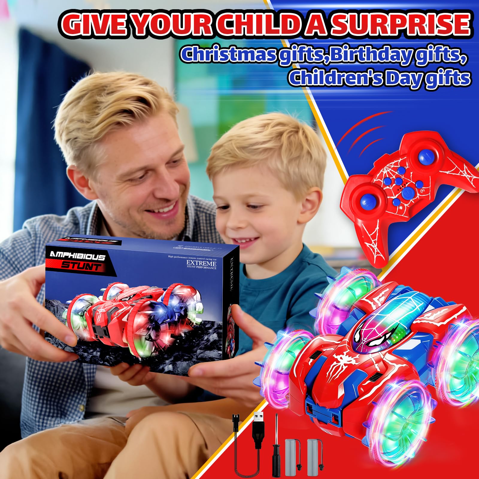 Macchina Telecomandata per Bambini dai 3-10 Anni, Auto RC Anfibia con Rotazione 360° e Luci LED, Monster Truck Telecomandato 2,4 GHz 4x4 per Acqua, Sabbia, Neve, Erba