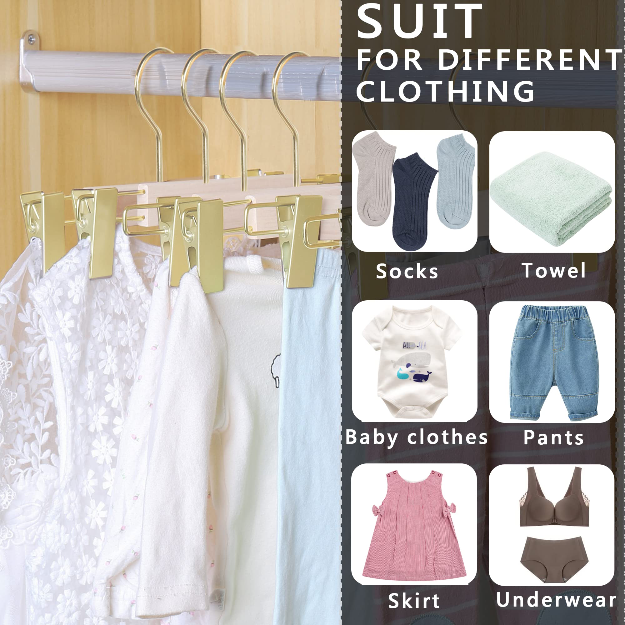 10pcs Children's gold Wooden Hangers,Natural Wooden Kids Gold Hanger,Coat Skirt Hangers with Gold Clips,Toddler Hangers for Baby Clothes Closet(Gold