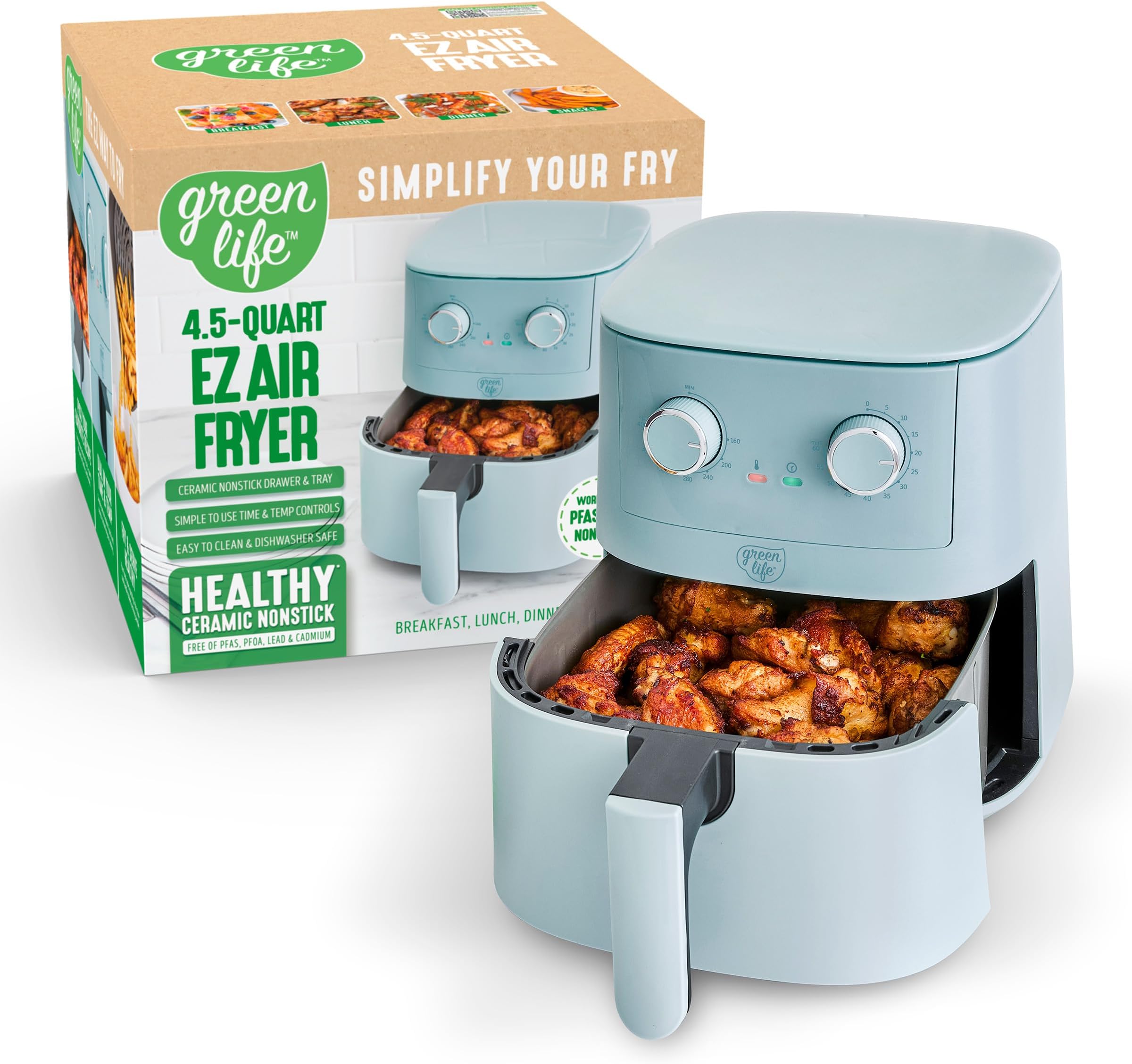 GreenLife 4.5QT Mechanical Air Fryer, PFAS-Free Ceramic Nonstick Crisper Drawer, Adjustable Temperature Timer Dial, LED Indicator, Easy Control, Dishwasher Safe, Compact Kitchen Essential, Blue Haze