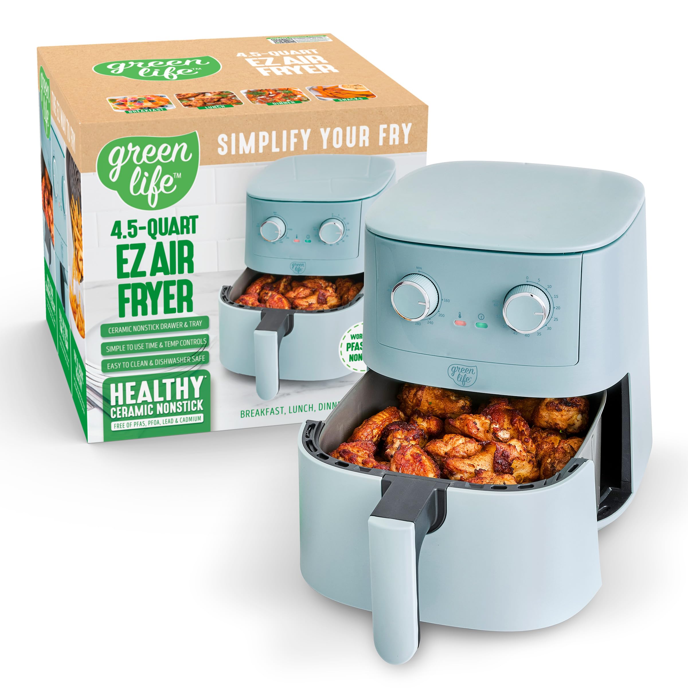 GreenLife 4.5QT Mechanical Air Fryer, PFAS-Free Ceramic Nonstick Crisper Drawer, Adjustable Temperature Timer Dial, LED Indicator, Easy Control, Dishwasher Safe, Compact Kitchen Essential, Blue Haze
