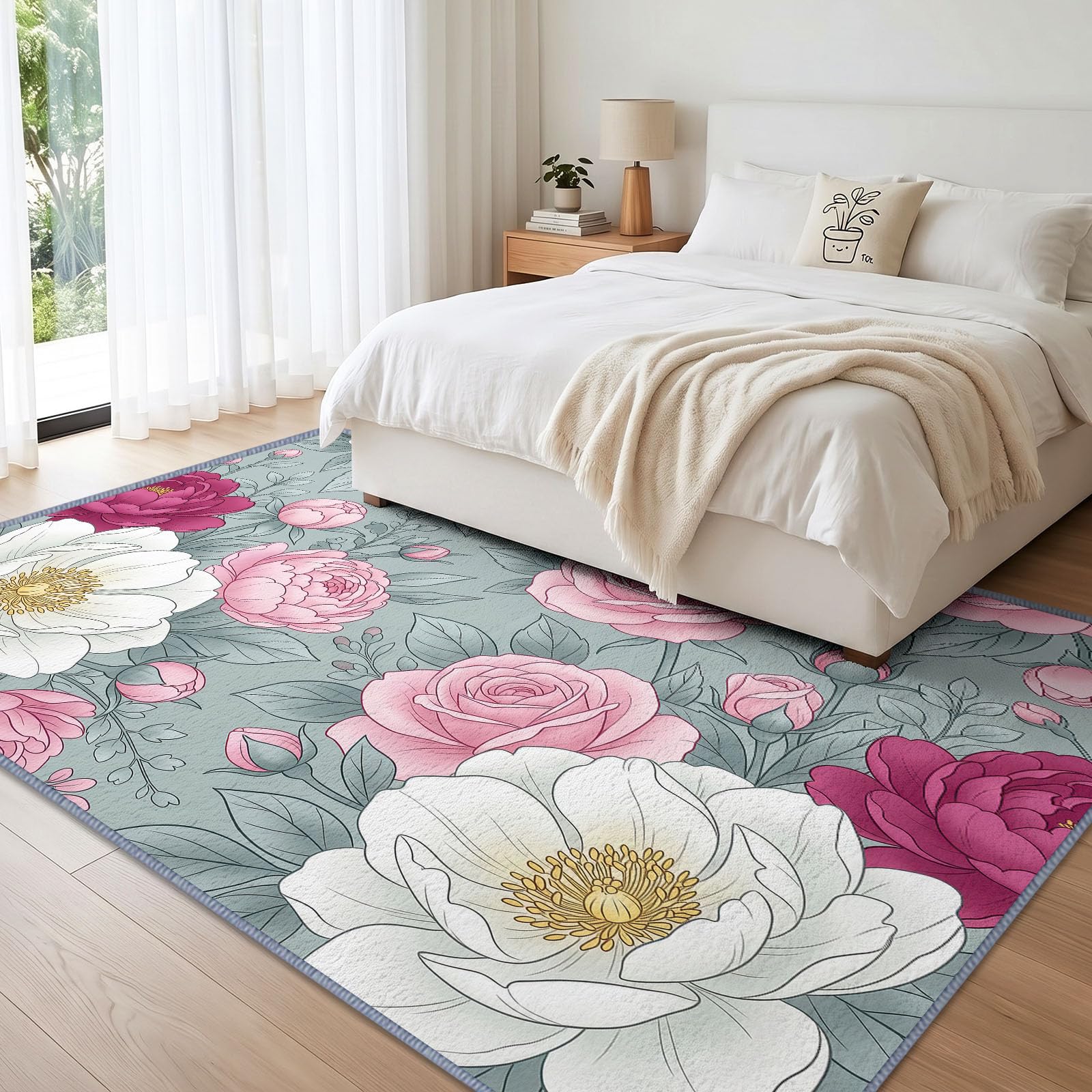 Générique Floral Pivoine Tapis Salon 80x150 cm, Lavable en Machine AntidéRapant Poil Ras Classique Romantique Style Victorien Tapis, pour Chambre Salle a Manger Descente de Lit Bureau Cuisine