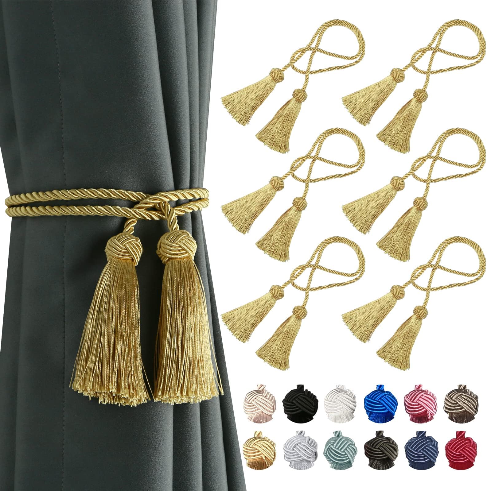 BEL AVENIR 6 Pack Curtain Handmade Tiebacks Decorative Curtain Holdbacks with Tassel (Gold, 6 Pack)