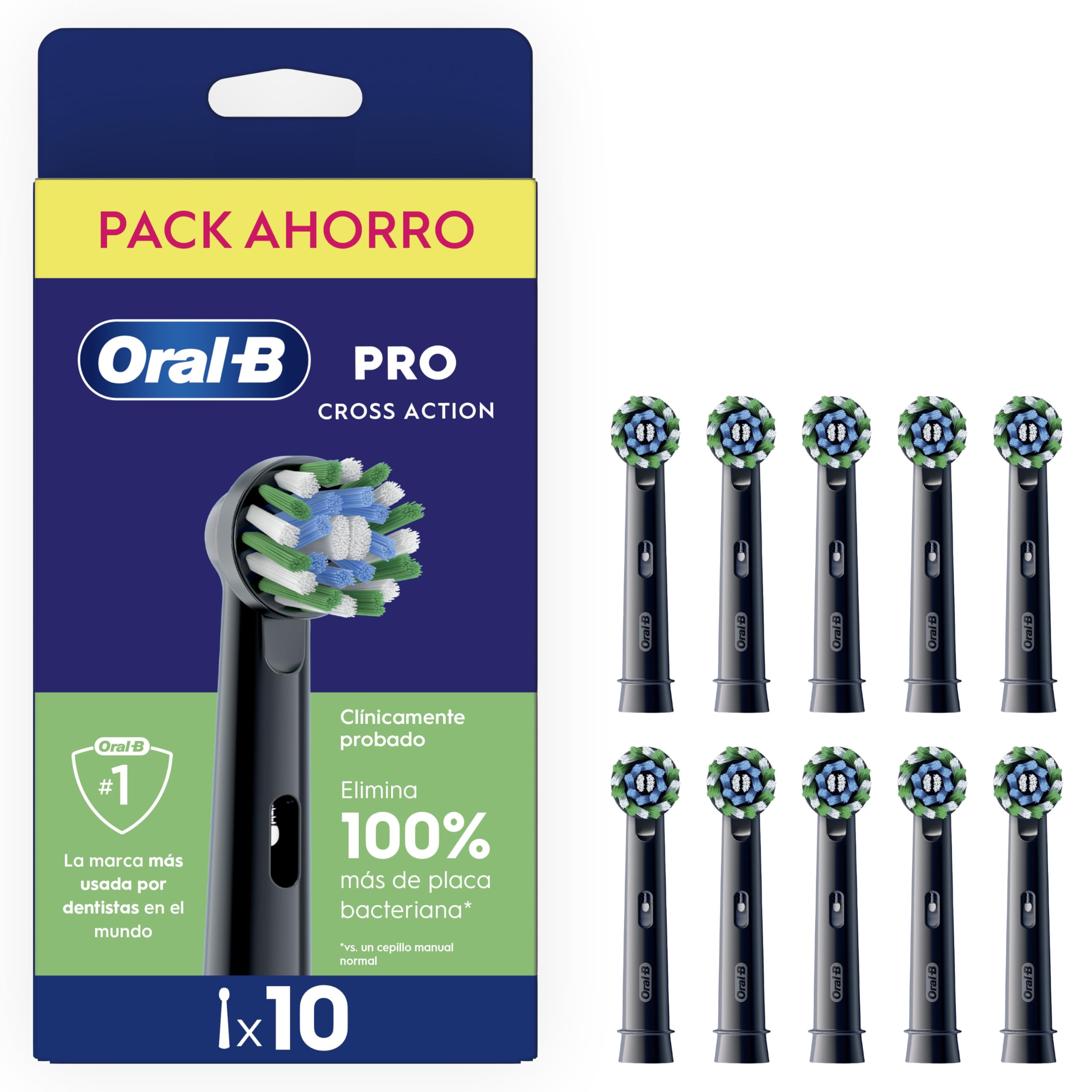 Oral-B Pro CrossAction Cabezales de Recambio Originales, Negro, Pack de 10 - Recambios para Cepillo Eléctrico Oral B Pro, con Indicador de Uso y Filamentos en Forma de X para Una Limpieza Profunda