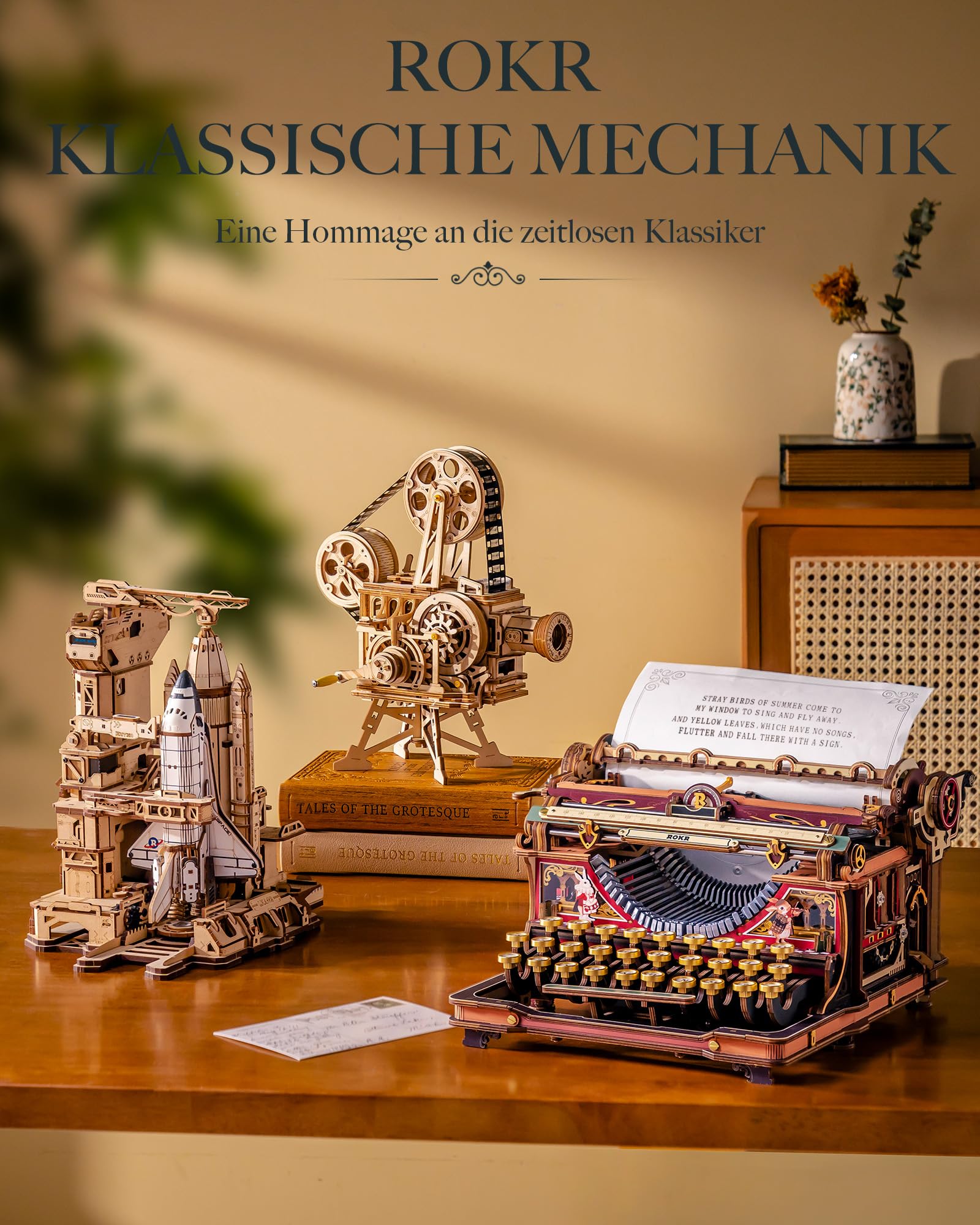 ROKR 3D Puzzle Holz Mechanische Schreibmaschine, 3D Holzpuzzle Erwachsene Holzmodelle Bausätze, Mechanical Typewriter (Magische Version), LK703C