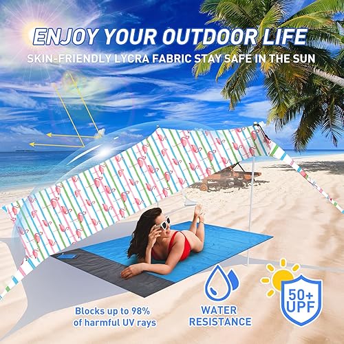 Miniatura 10 de Zeepair Tienda de campaña de playa, toldo desplegable UPF50+ con 4 postes de estabilidad, bolsa de transporte, clavijas de tierra, pala de arena,