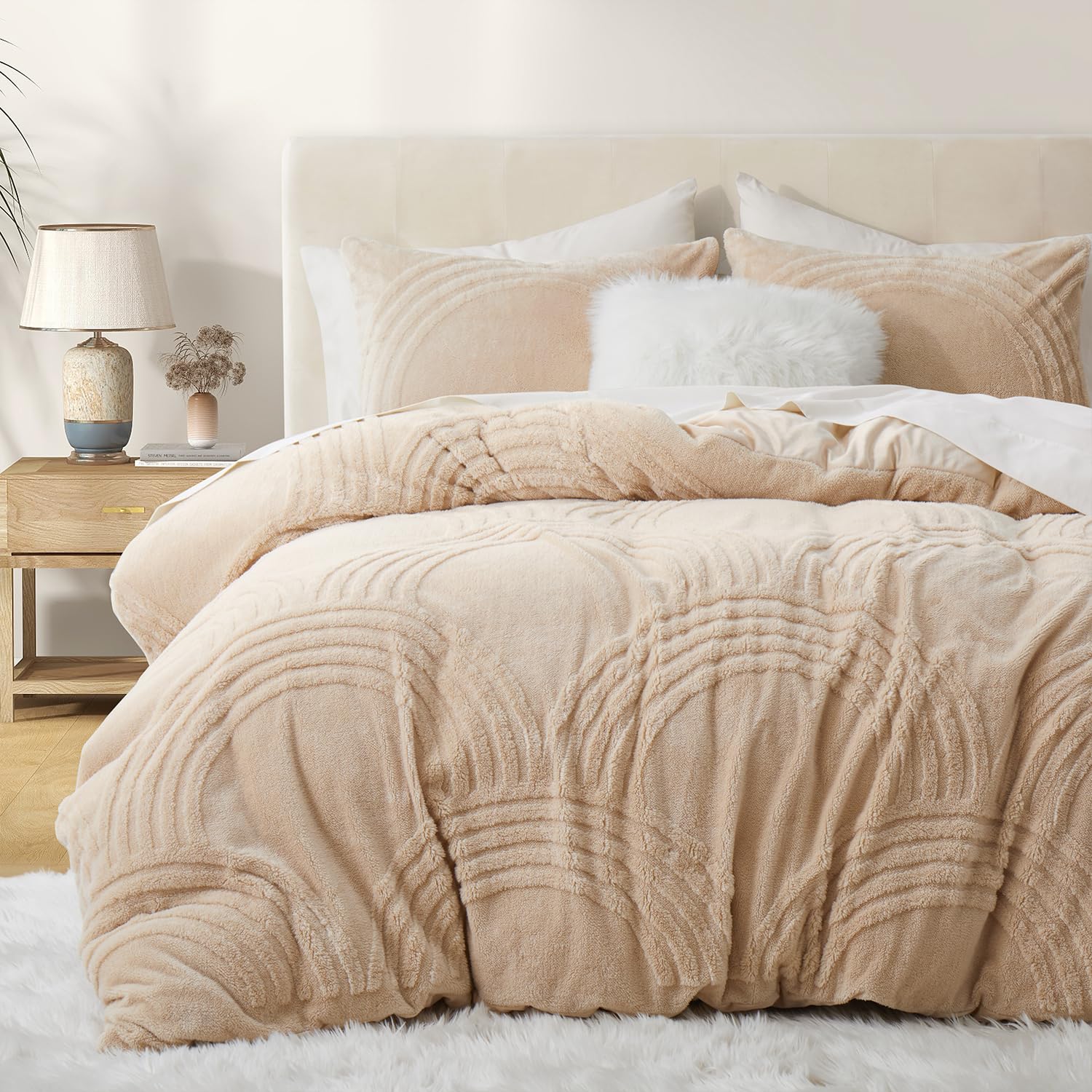Oli Anderson Fluffy Duvet Cover Set Queen Size, 3 Pieces Tufted Plush Shaggy Comforter Cover, Ultra Soft Warm Fuzzy Faux Fur Bedding Sets, Beige (1 Duvet Cover + 2 Pillowcases)similar 