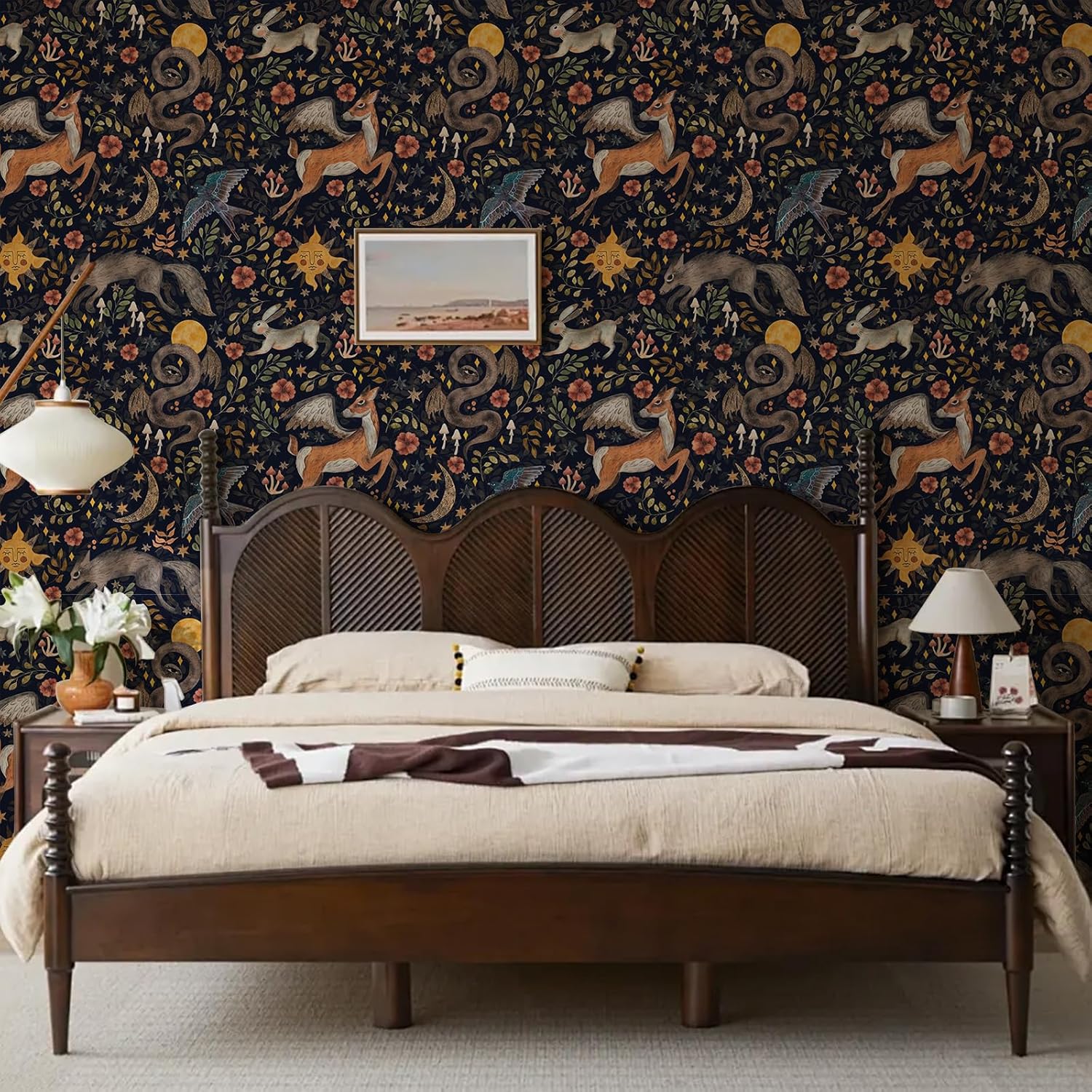 Vintage Whimsical Animal Floral Wallpaper Self Adhesive Peel and Stick Cartoon Watercolor Snake Bird Wolf Star Leaf Contact Paper Removable Waterproof for Bedroom Renter friendly 17.71"x236.2"