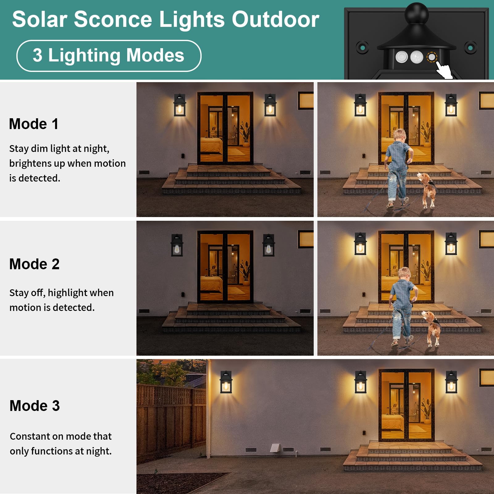 AEQ Solar Veranda Lichter Außen, Solar Wandleuchte Außen mit Bewegungssensor, Wasserdichte Wandleuchte mit Klarem Panel für Garage, Veranda, Hof, Haustür