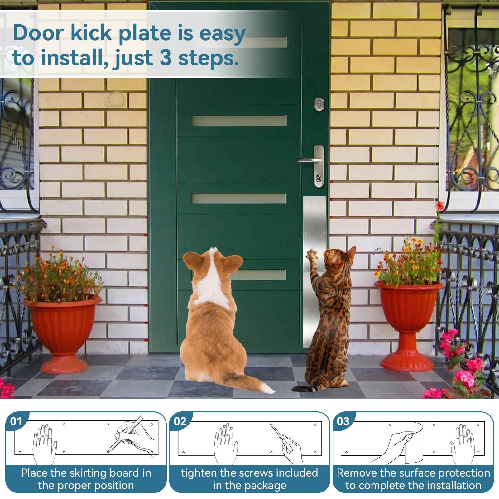 Plaque De Protection De Porte 2 Pièces, 16 X 4 Po, Plaque De Protection En Acier Inoxydable Pour Bas De Porte, Plaques De Protection Pour Portes Extérieures Ou Intérieures, Argent