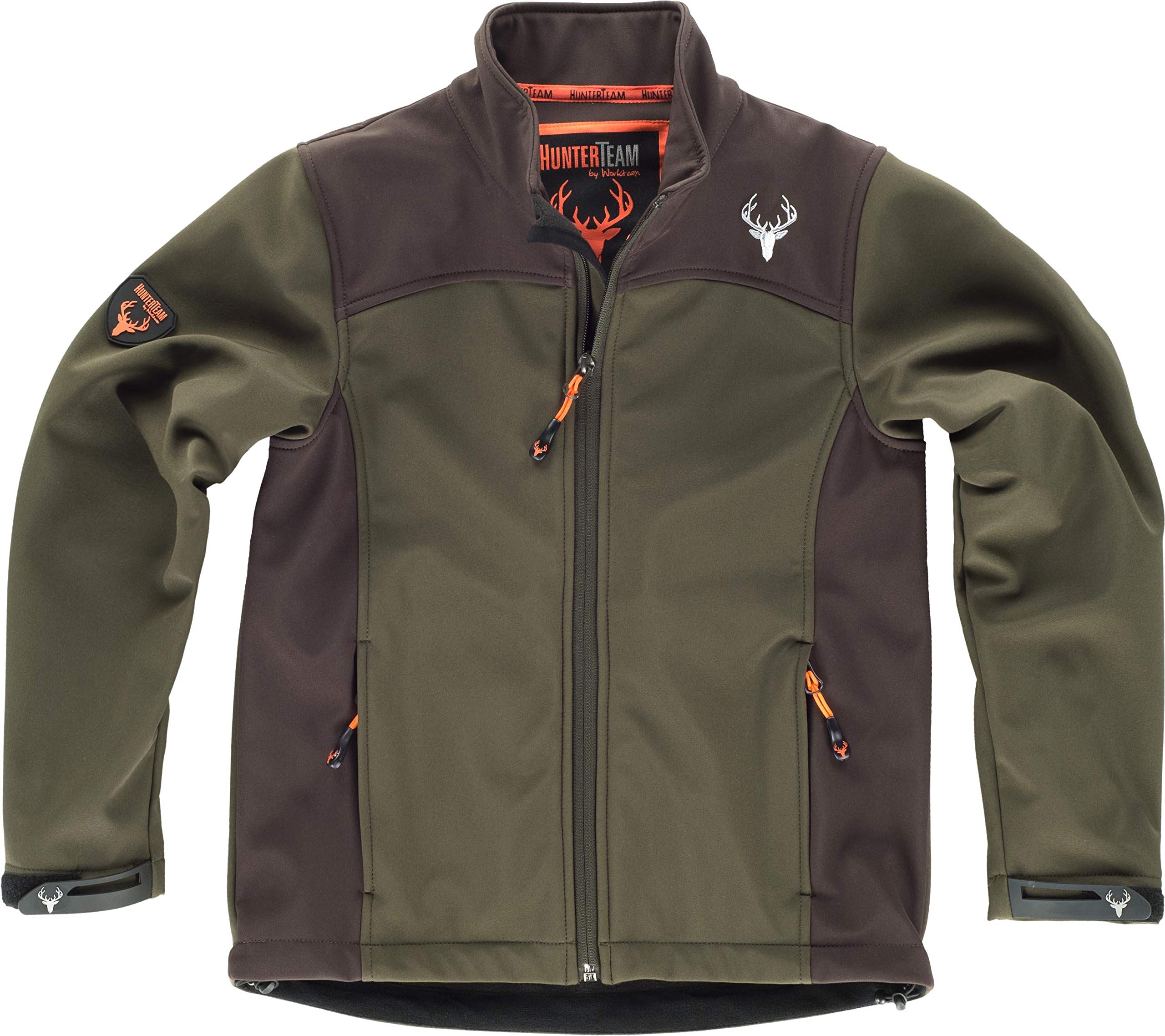 Work Team Chaqueta Infantil Workshell con canesús y costadillos a Contraste. Cuello Alto y cubrecosturas Interior. Cierre de Cremallera de Nylon. Sola Hombre Verde Caza/Marron 10