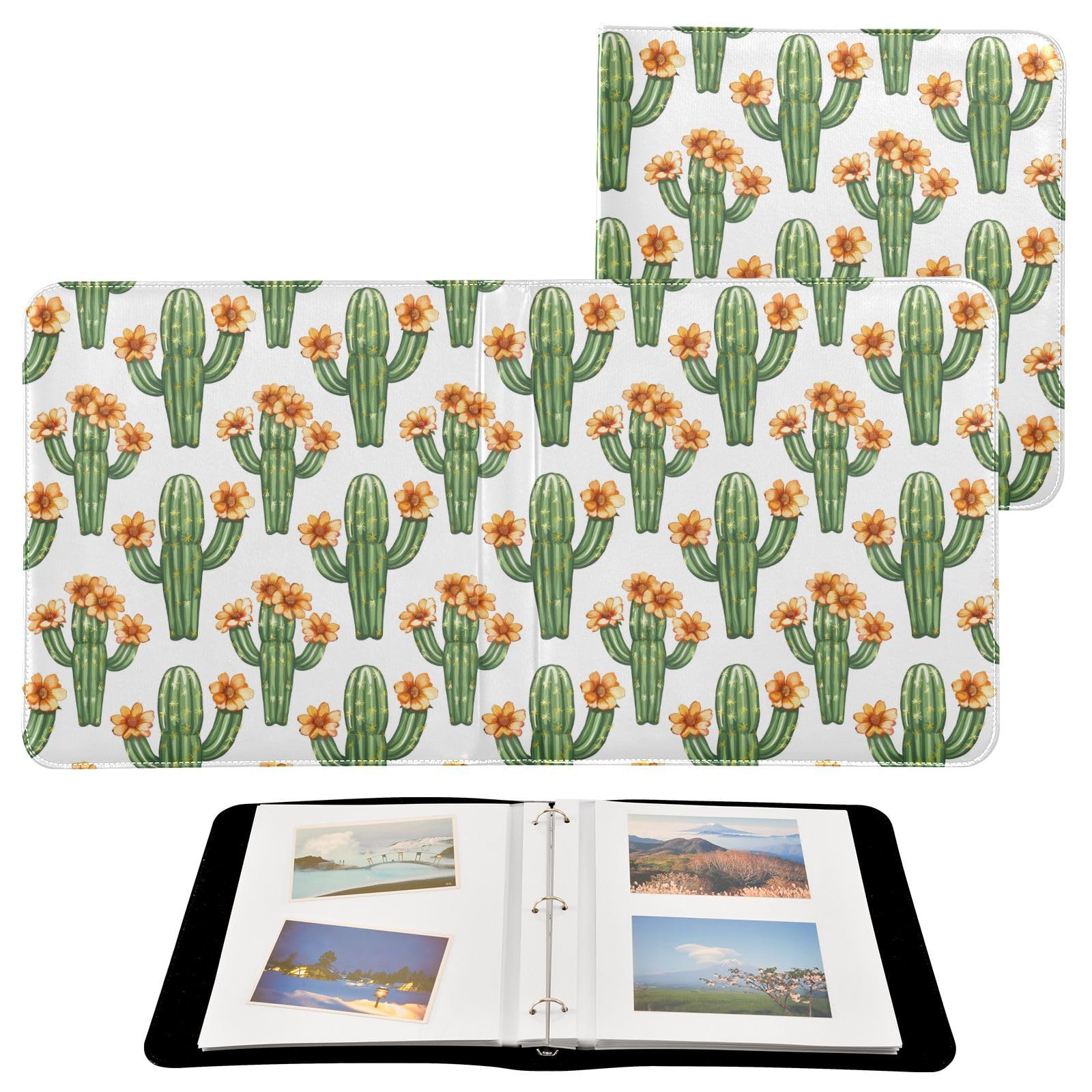 JIPONI Cactus Bloss Large Photo Album, DIY Leather Cover Scrapbook Albums for 4x6 5x7 6x8 Pictures, Self Adhesive Memory Book for Wedding, Baby, Family
