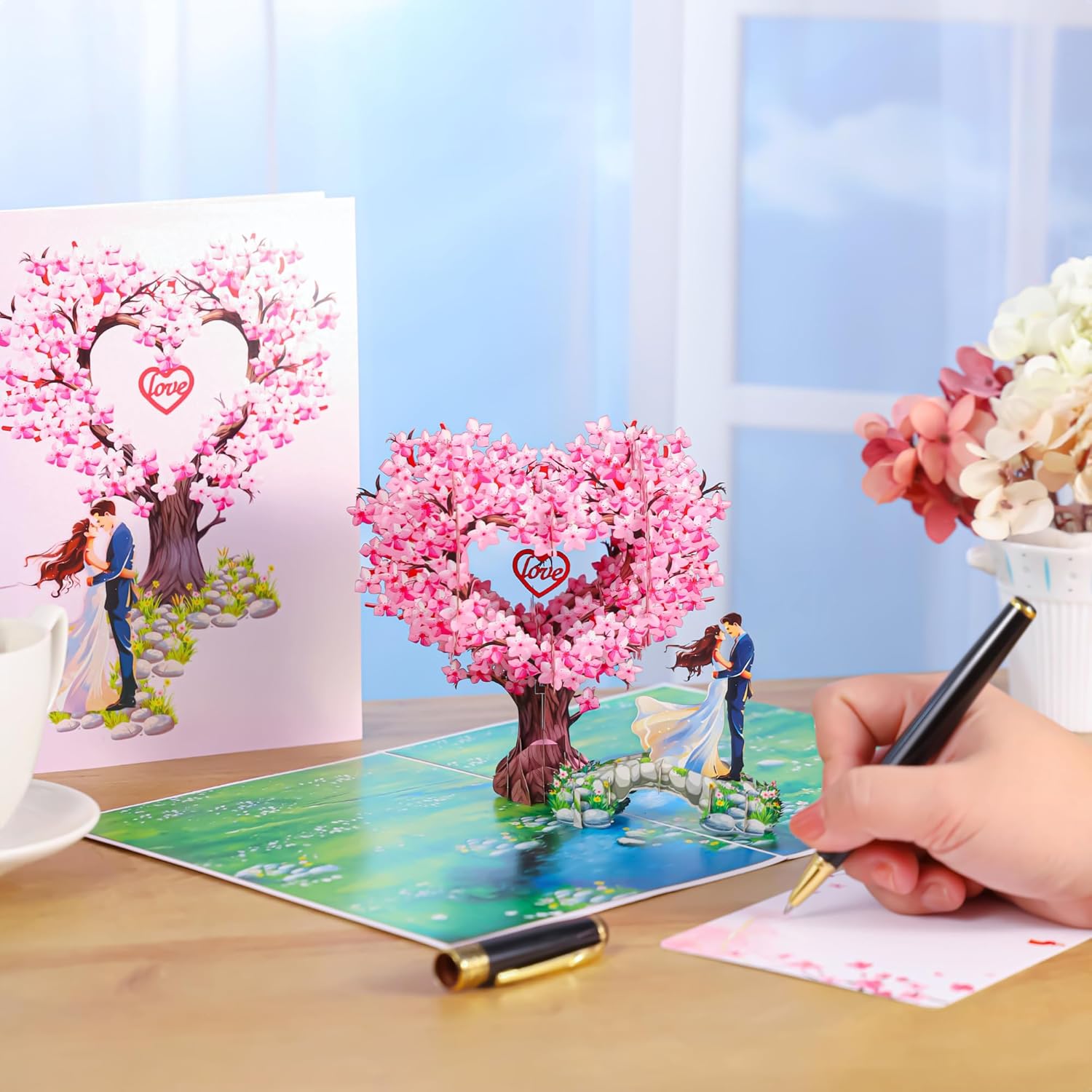 Pop Up Anniversary Cards, 3D Heart Cherry Blossom, Bridge with Couple Wedding Cards for Wife, Husband, Her, Him, Girlfriend, Ideal Gift for Birthday, Wedding, Valentines, Mothers Day, 6x8 inch - Image 4