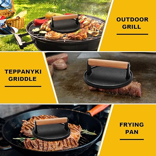 Miniatura 6 de AIVIKI Prensa de hamburguesas, prensa de hamburguesas para parrilla Blackstone, hierro fundido resistente, redonda de 6.9 pulgadas, con mango