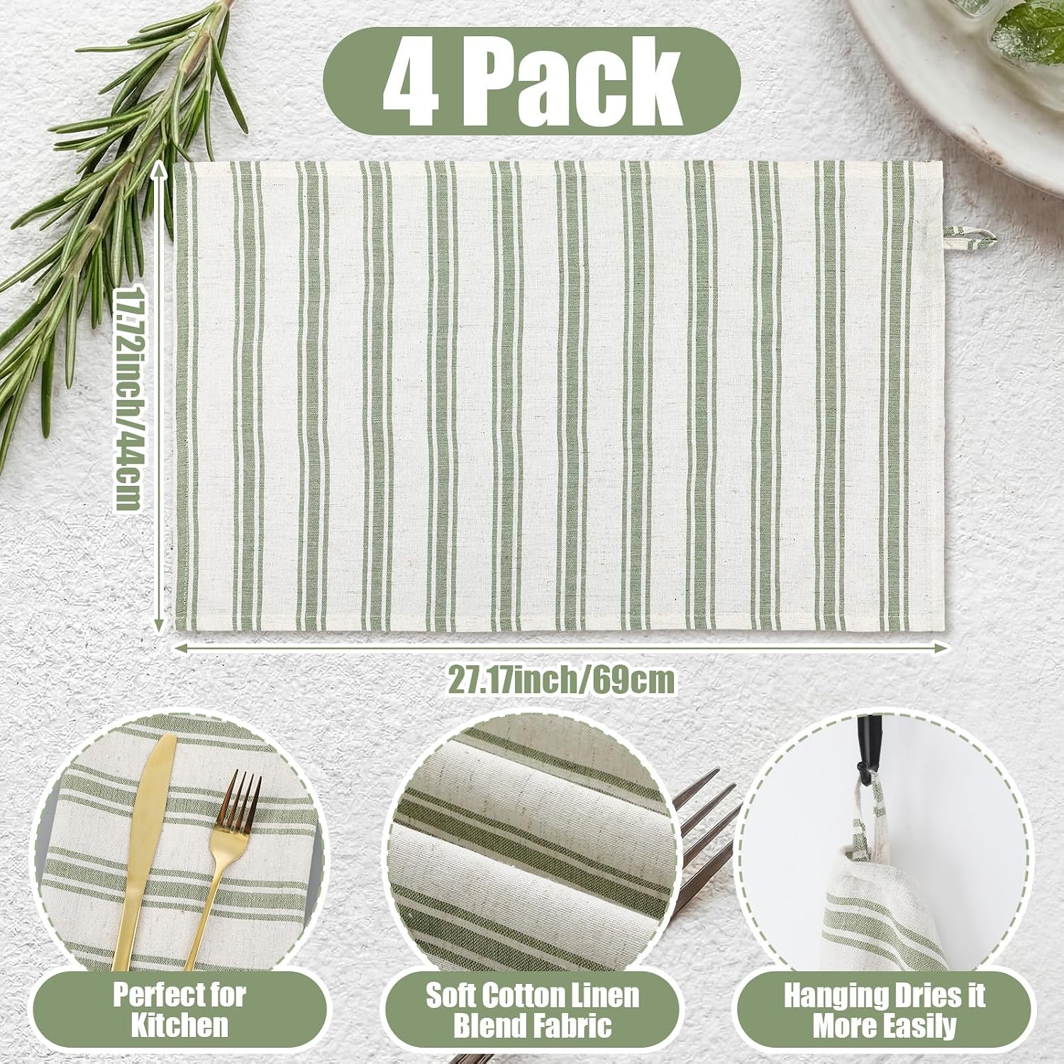 Chumia 4 Pack Rustic Cotton Linen Kitchen Towels 27.2 x 17.3 inch Natural Farmhouse Sage Green Stripe Dishcloths Absorbent Quick Drying Reusable Hand Tea Towel with Hanging Loop for Kitchen