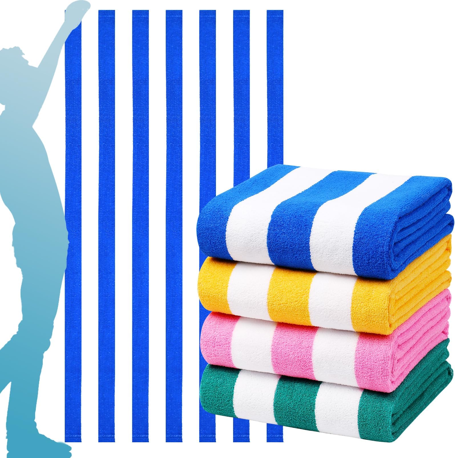 4 Packs Oversized Stripe Beach Towel Thin Terry Set XL Extra Large Big Clearance Pool Travel Blanket Cruise Vacation Accessories Essentials Soft Swim Bath Towels Bulk Men Women Adults Gift Blue Pink