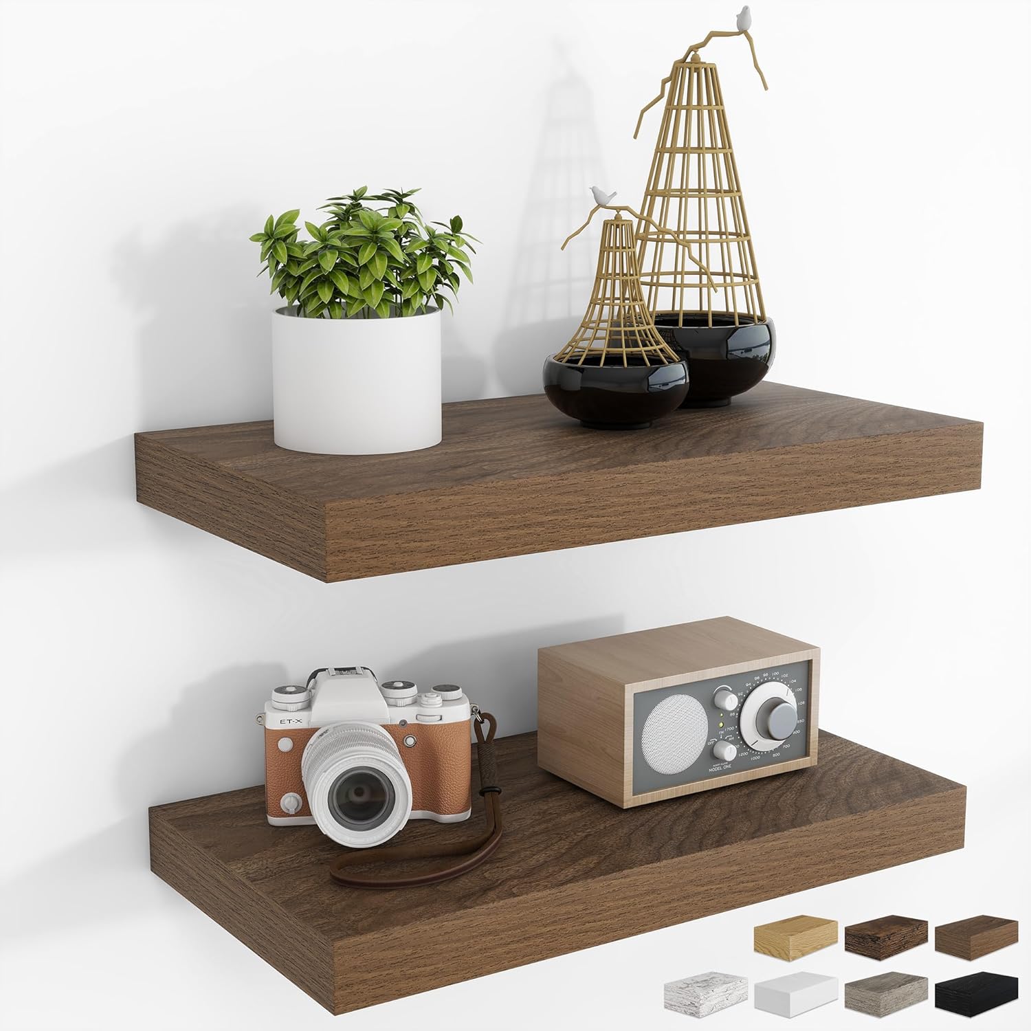16Inch Floating Shelves for Wall 2 Pack Shelves for Bedroom|Kitchen|Bathroom Wall Mounted Rustic Wood Floating Shelf with Invisible Brackets for Books|Storage|Decor, Walnut Walnut 16 Inch