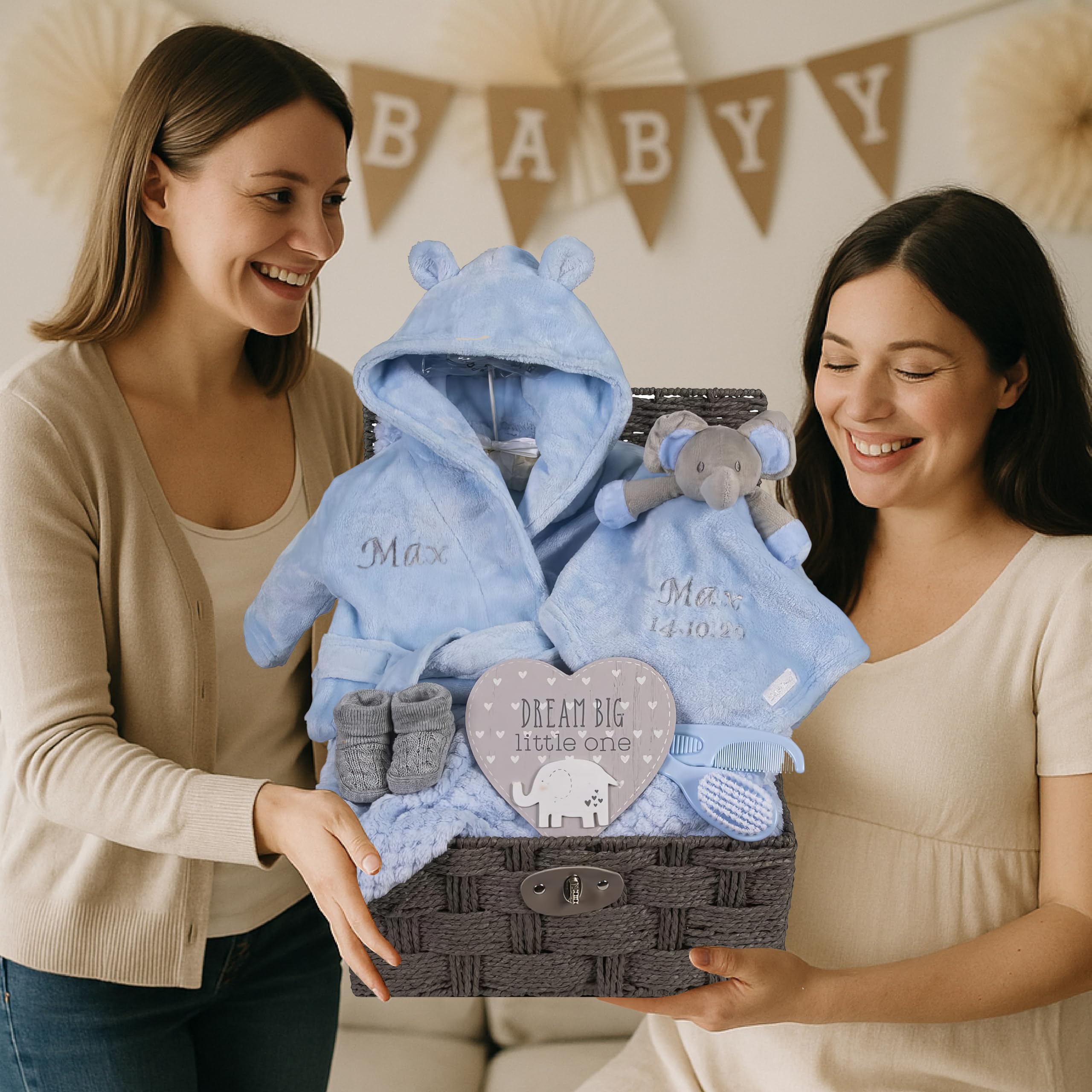 Hoolaroo Baby Gift Basket for Boys Blue Large Gift Hamper Boy Newborn Elephant Comforter Shower Special Unique New Baby Boy Soft Cute - Image 2