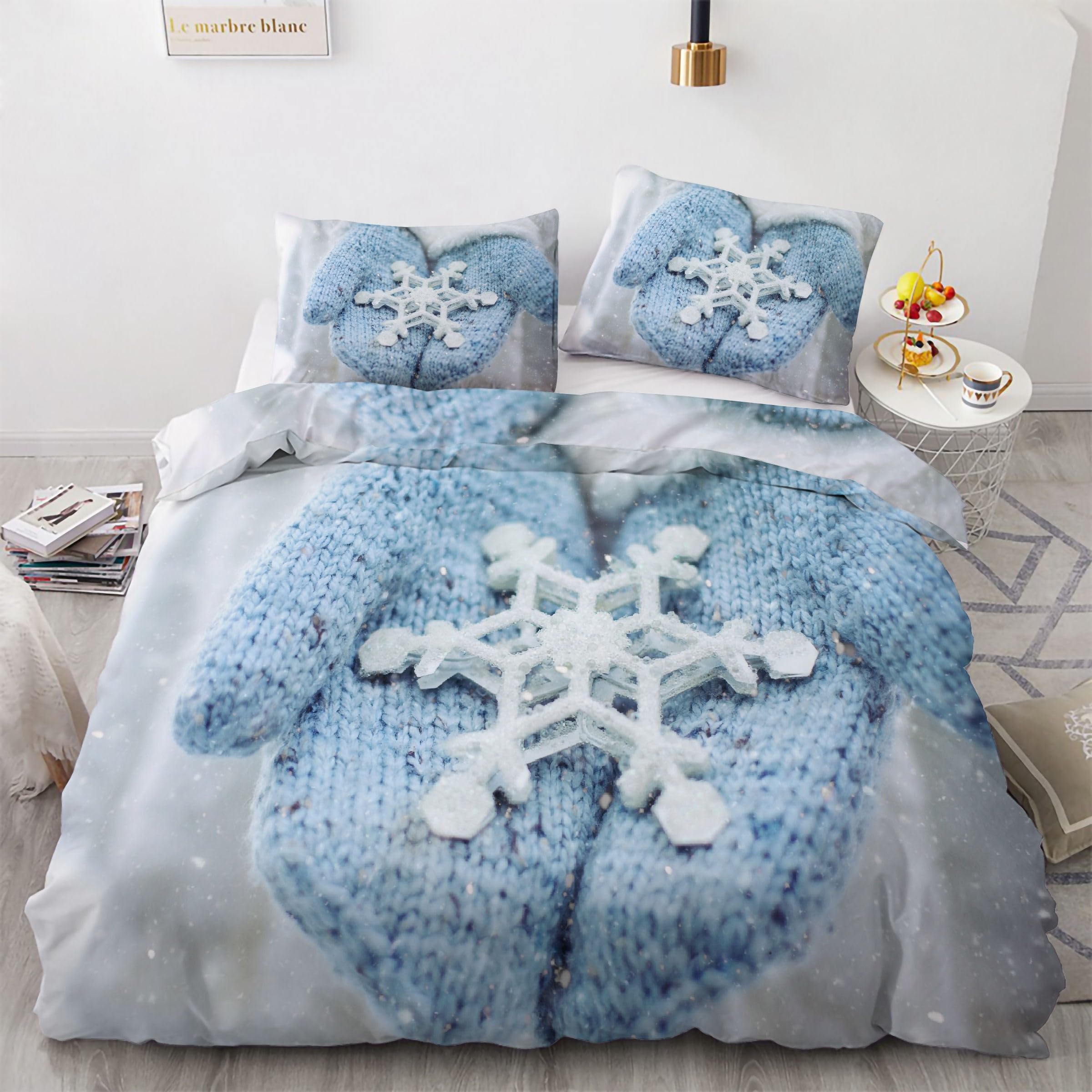 Parure de lit flocon de neige 160x200 parure de lit 3 pièces microfibre avec 2 taies d'oreiller