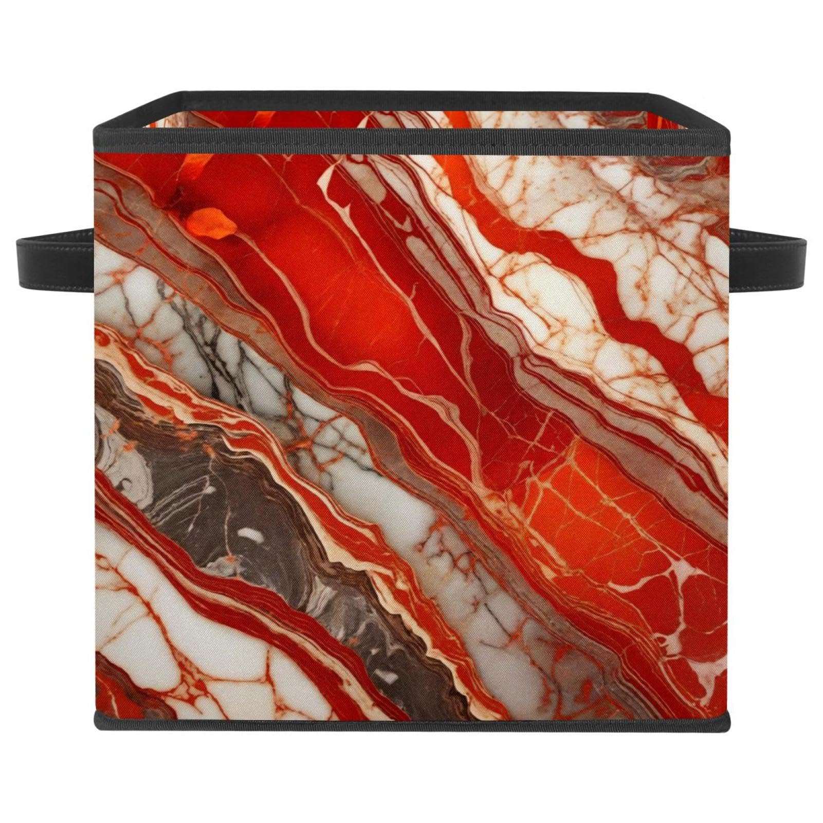 Bac de rangement cube marbre rouge avec poignées cuir pour étagère