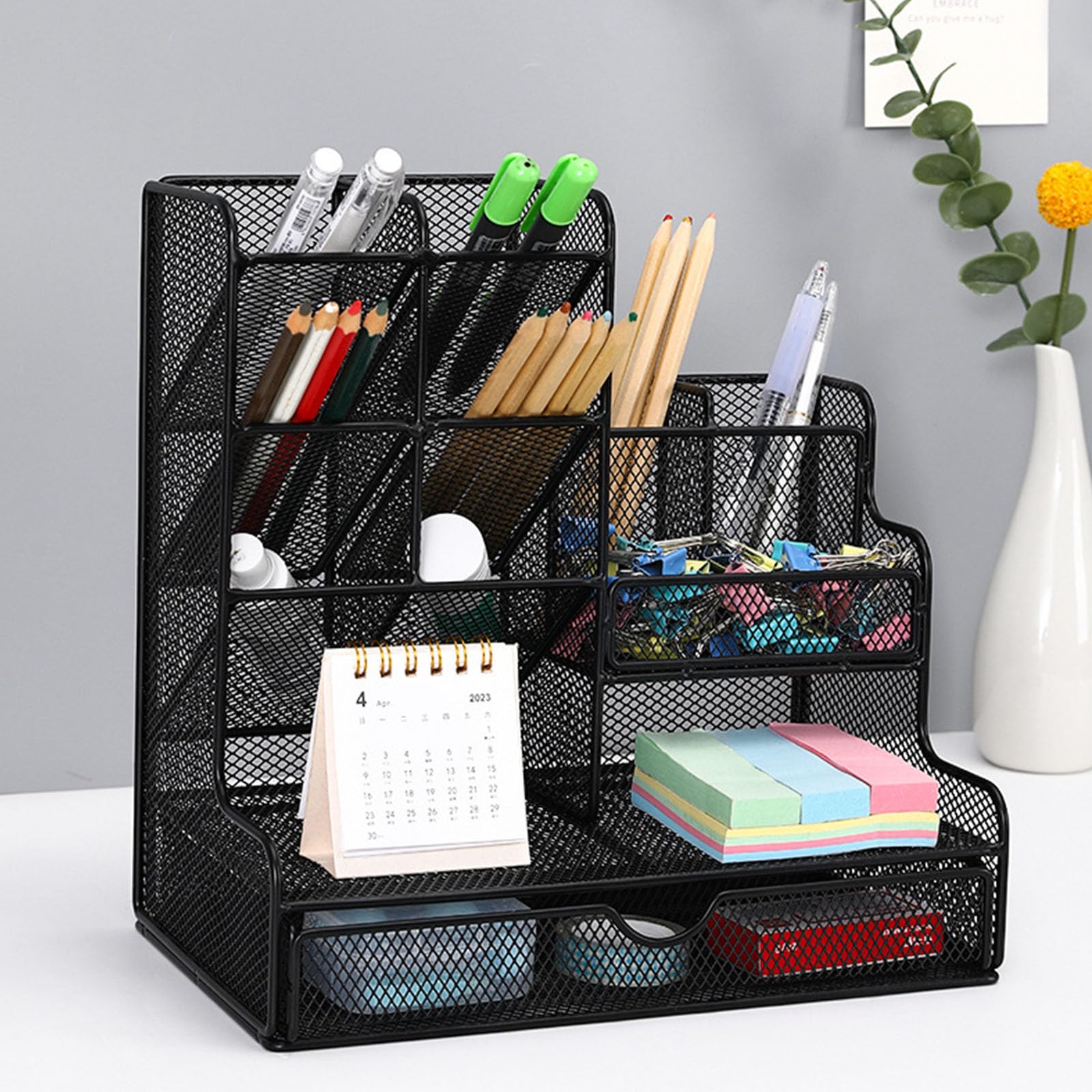 Portapenne da scrivania con cassetto, 11 scomparti, organizer per penne, grande capacità, bicchiere, forniture artistiche, scrivania