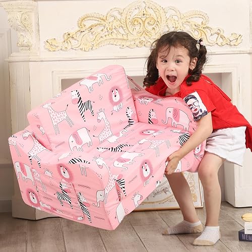 Miniatura 5 de Pink Kids Sofa, 2-in-1 Kids Couch Fold Out, Convertible Sofa to Bed for Girls and Boys Rosado,Astronaut,constellation,alfabeto dinosaurio,Festival