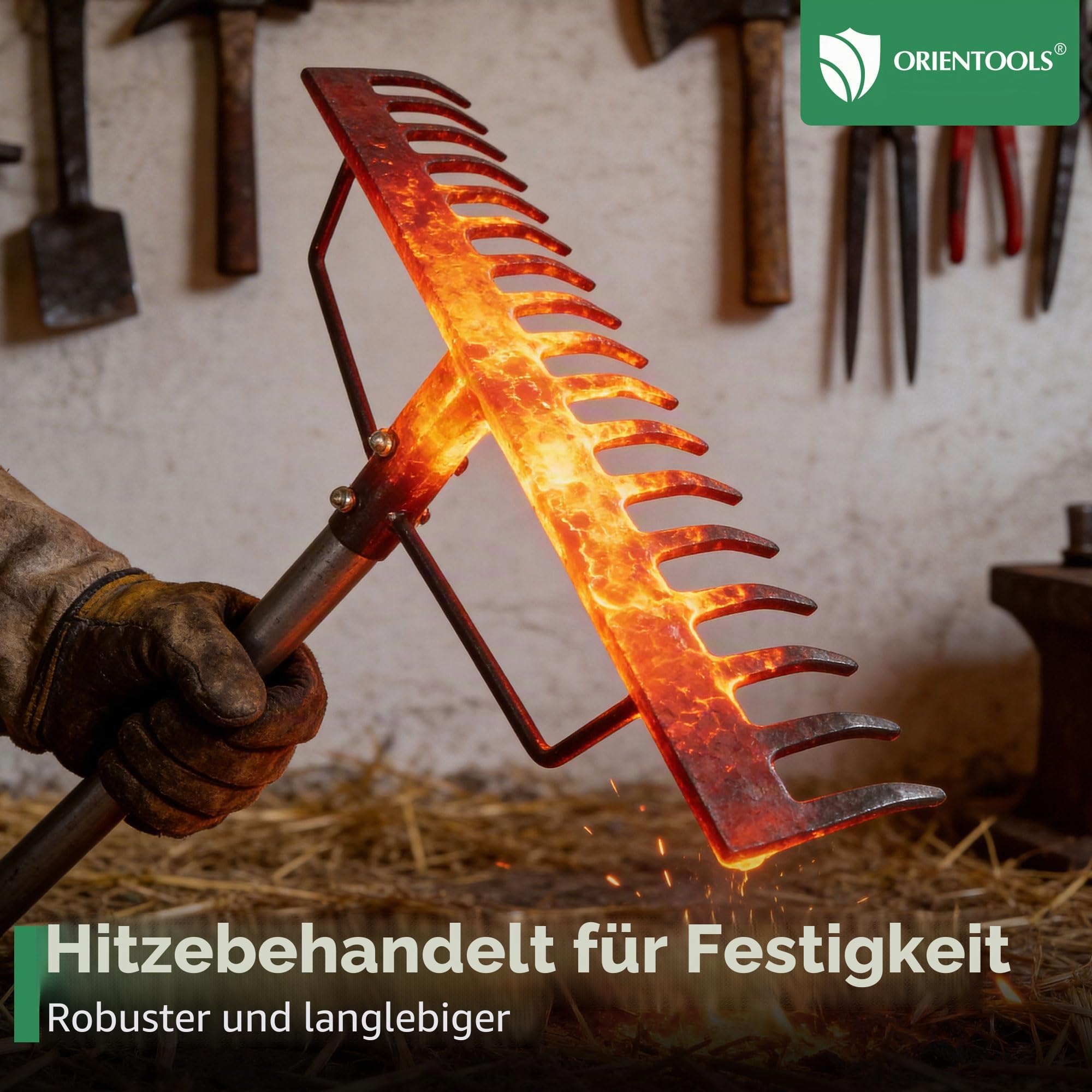 ORIENTOOLS Gartenrechen, schwere Ausführung, 44 cm Breite, 160 cm Stiellänge, 1,7 kg für Boden lockern, Laub rechen, Verlegen von Rollrasen, Rasenpflege, Grün