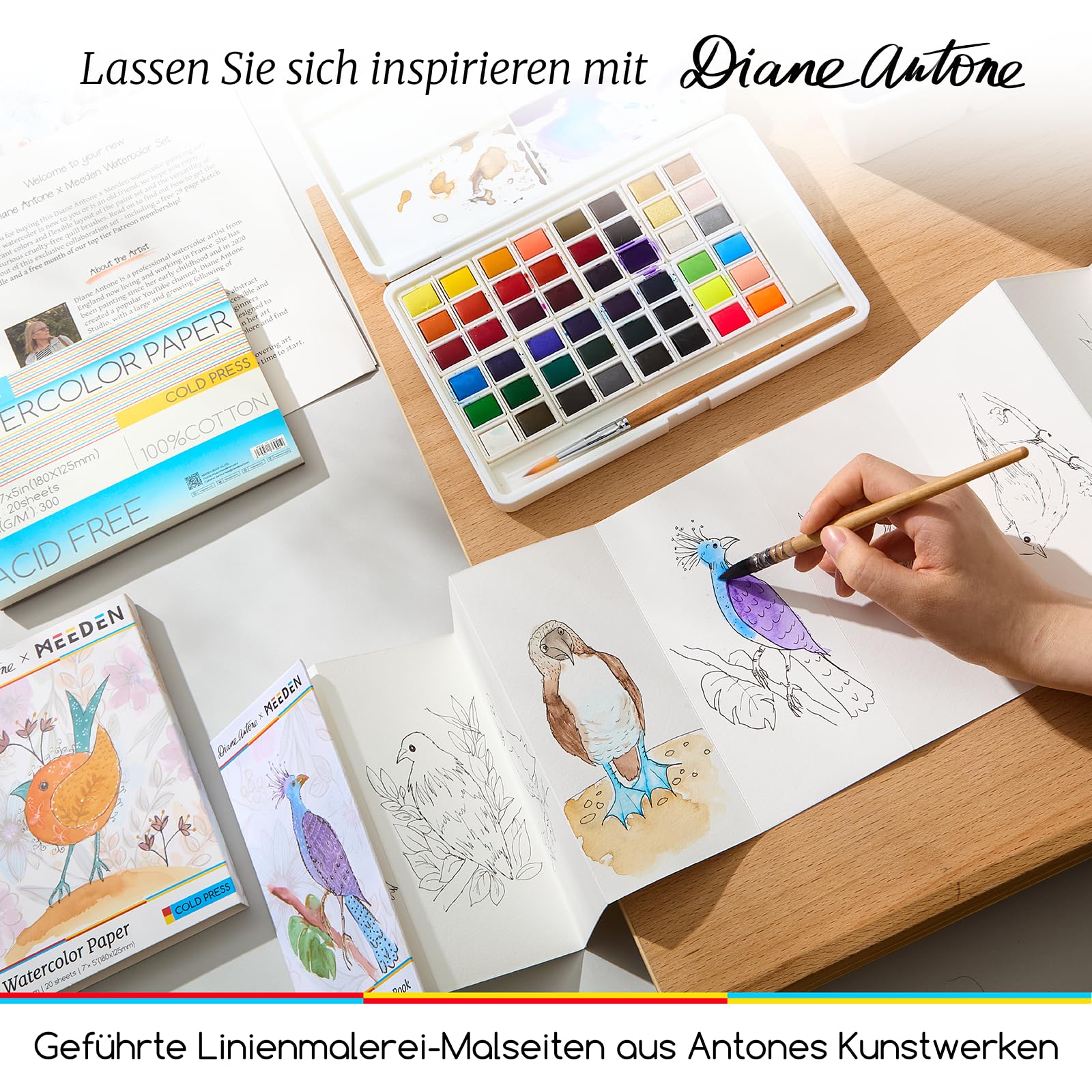 MEEDEN x Diane Antone Aquarellfarben-Set, limitierte Auflage, 48 Farben, tragbares Aquarell-Set mit 3 Aquarellpinseln, Ausmalseiten, Aquarellpapier und Postkarten, Kunstbedarf für Erwachsene, ideales