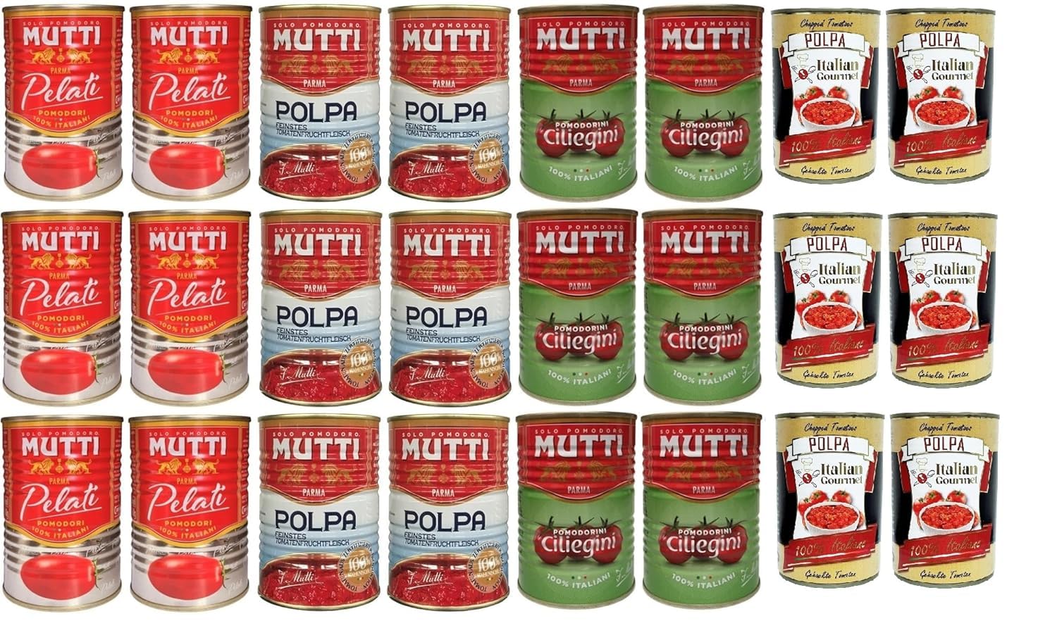 Italian Gourmet Bundle – Assortiment Mutti Tomates 24×400 g (6 Pelati, 6 Polpa, 6 Pomodorini Ciliegini) – Lot Économique 9,6 kg Cuisine Italienne, Idéal Sauce & Pizza + Italian Gourmet Polpa