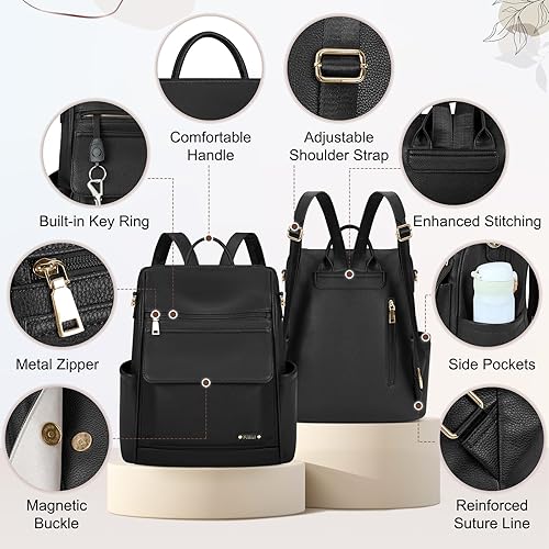 Miniatura 5 de NUBILY Mochila de cuero antirrobo para mujer, mochila de viaje, impermeable, casual, mochilas de moda, Negro -, Moda